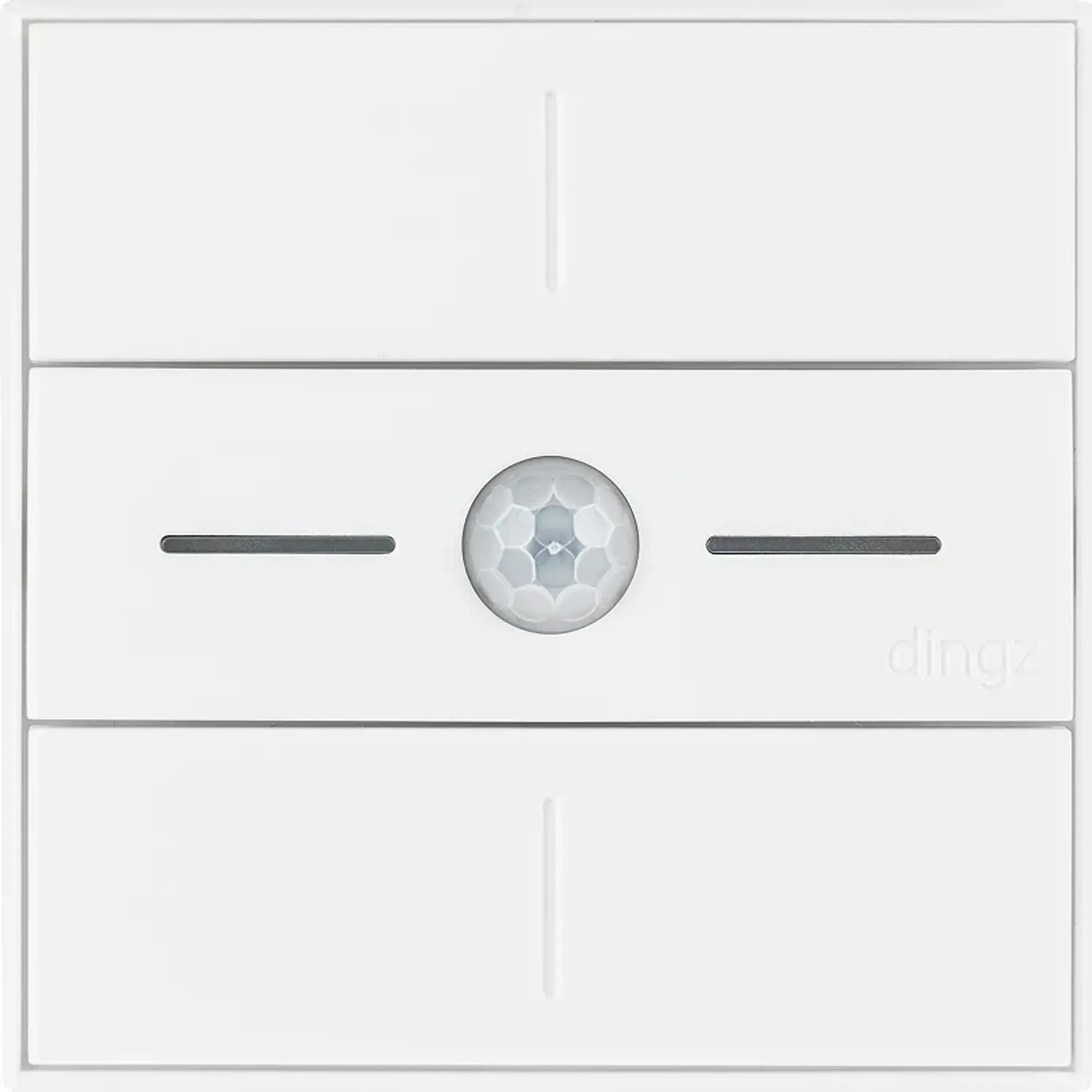 White modern wall switch panel with three rectangular buttons; the center button features a circular motion sensor with a honeycomb pattern lens and the brand name 'dingz' embossed on the bottom right corner.