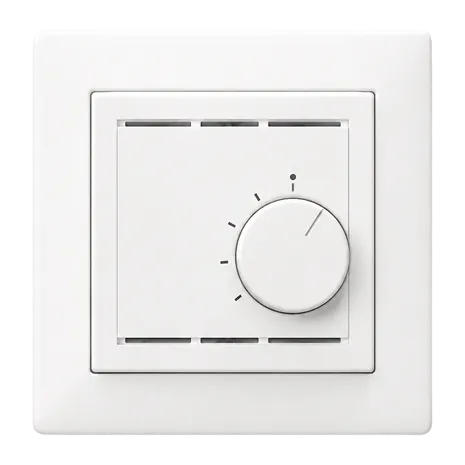 Interruttore dimmer bianco a parete con quadrante circolare che indica i livelli di intensità della luce dal basso all'alto.