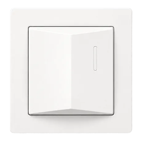 Interruttore della luce quadrato moderno bianco con un design triangolare leggermente rialzato e una piccola linea indicatrice verticale sul lato destro.