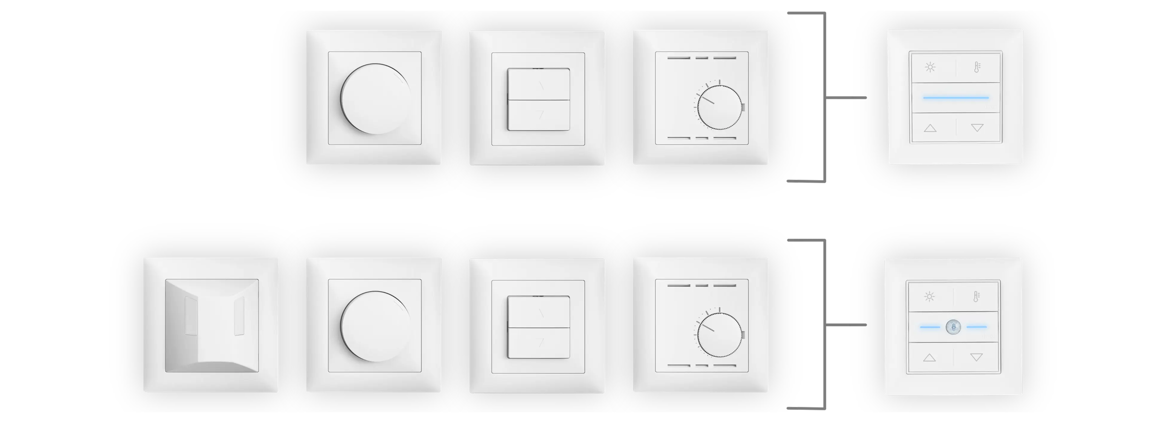 Two rows of different white wall switches and controls on a black background: the top row has a rotary dial, a two-button switch, a dial with markings, and a lighted control panel with icons for light, temperature, and arrows; the bottom row has a motion sensor, rotary dial, two-button switch, dial with markings, and a lighted control panel with similar icons and a central sensor.