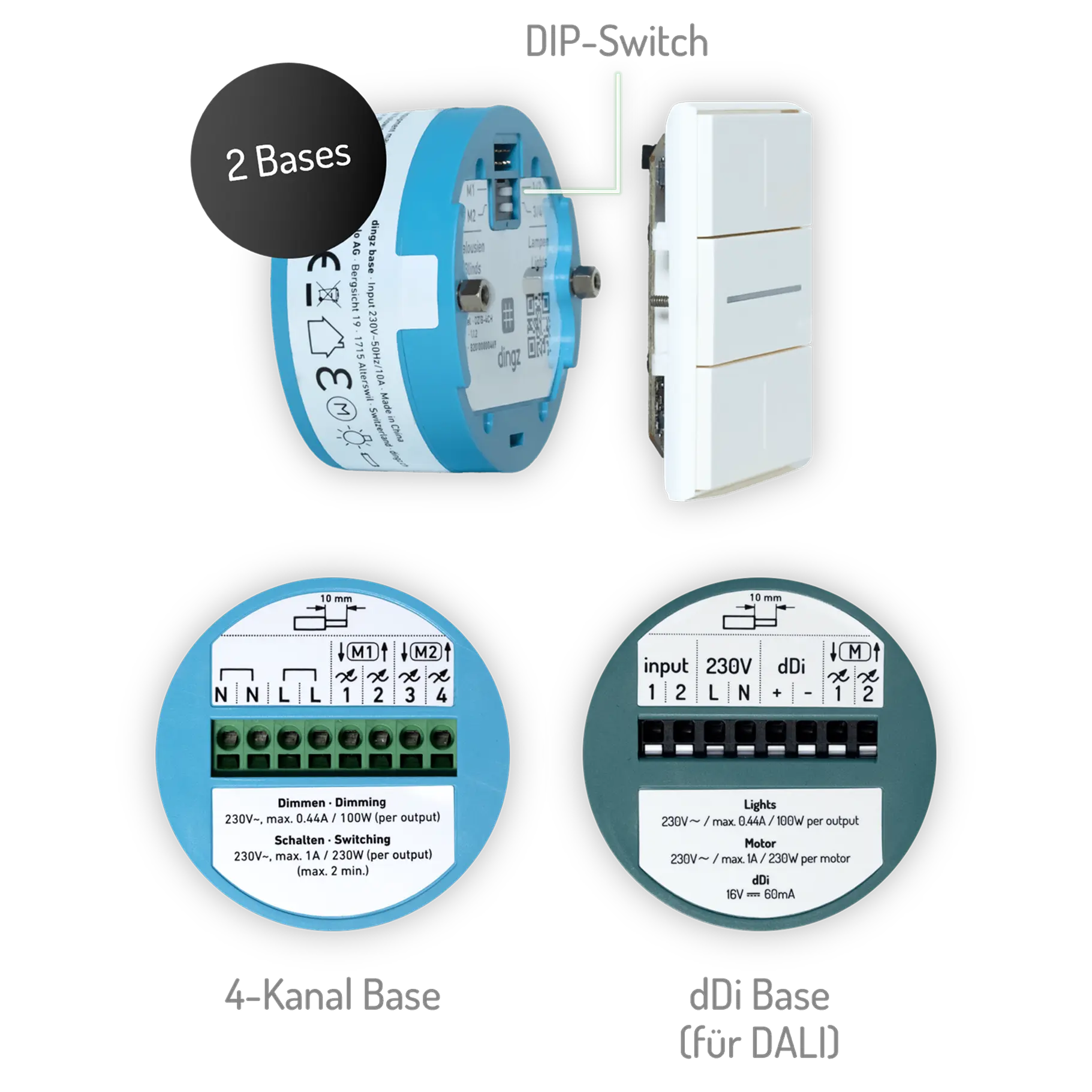 Two circular electronic base units with terminal connections labeled for dimming, switching, lights, and motor functions; one also shows a DIP switch and a white wall control switch with three horizontal buttons labeled 2 Bases, 4-Kanal Base, and dDi Base (für DALI).