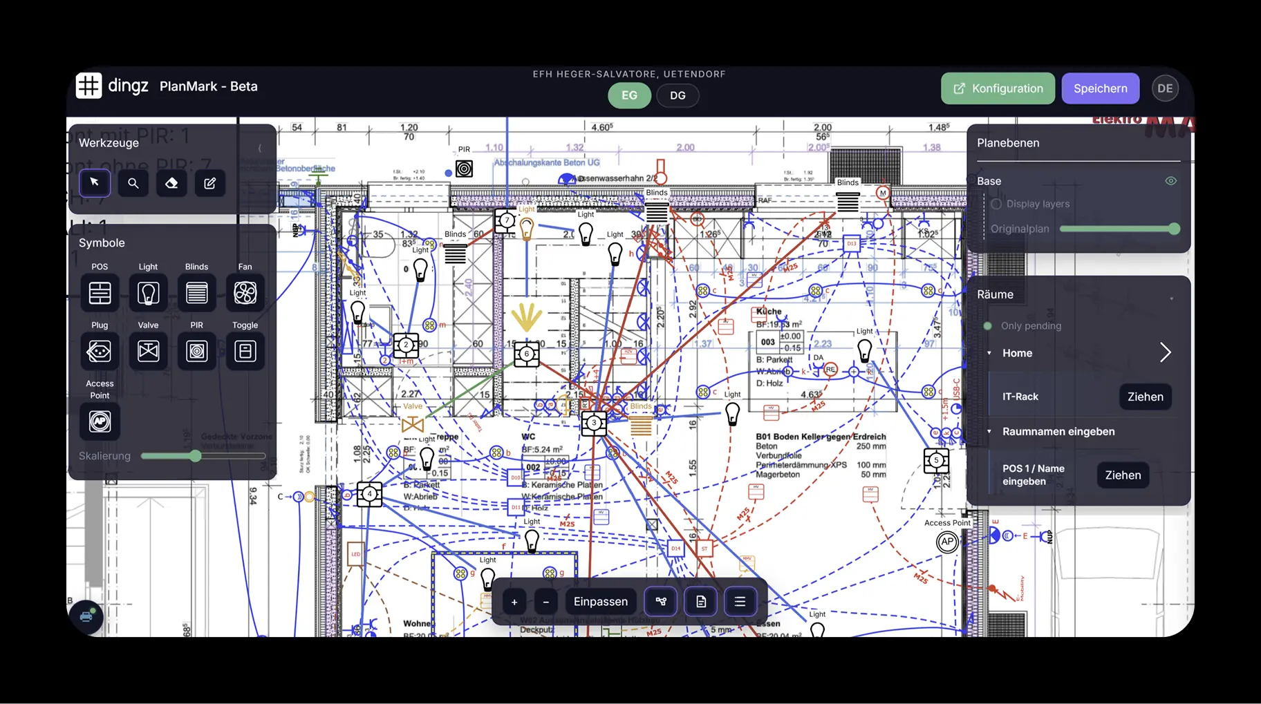 User interface of dingz PlanMark Beta software showing a detailed building floor plan with symbols for lighting, blinds, fans, plugs, valves, PIR sensors, toggles, and an access point, along with wiring connections and measurements. Left panel displays tools and symbols with a scaling slider. Right panel shows layers and room options, including Home and IT-Rack. Top right contains buttons for configuration and saving, with user initials EG and DG displayed.