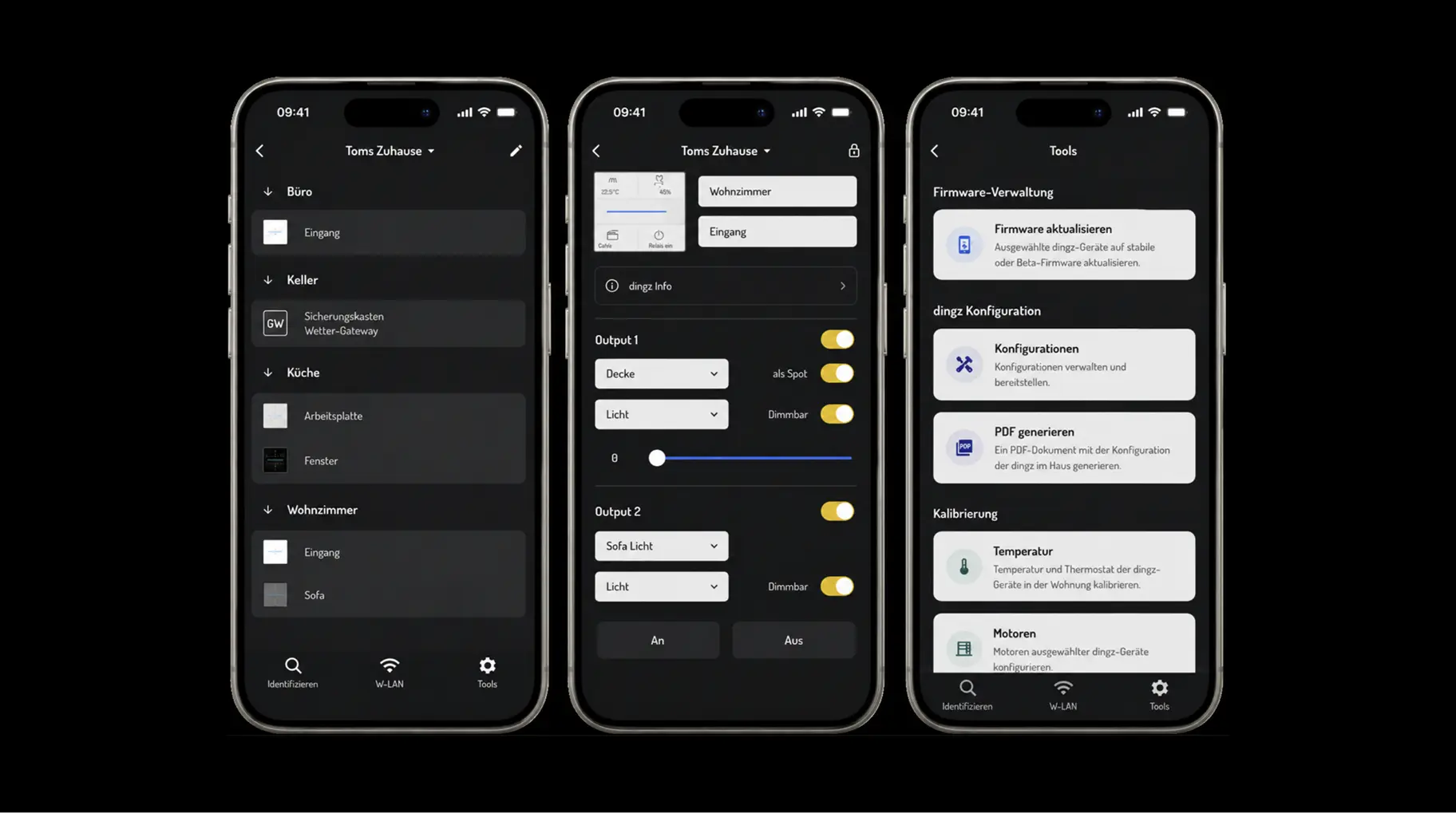Three smartphone screens display a smart home app in dark mode with German text: The left screen shows a home overview with rooms Büro, Keller, Küche, and Wohnzimmer listing devices and zones. The middle screen displays controls for rooms Wohnzimmer and Eingang, including light settings labeled Decke and Sofa Licht with toggles for spot and dimmable functions. The right screen shows a Tools menu with options for firmware update, configuration, PDF generation, and calibration of temperature and motors.