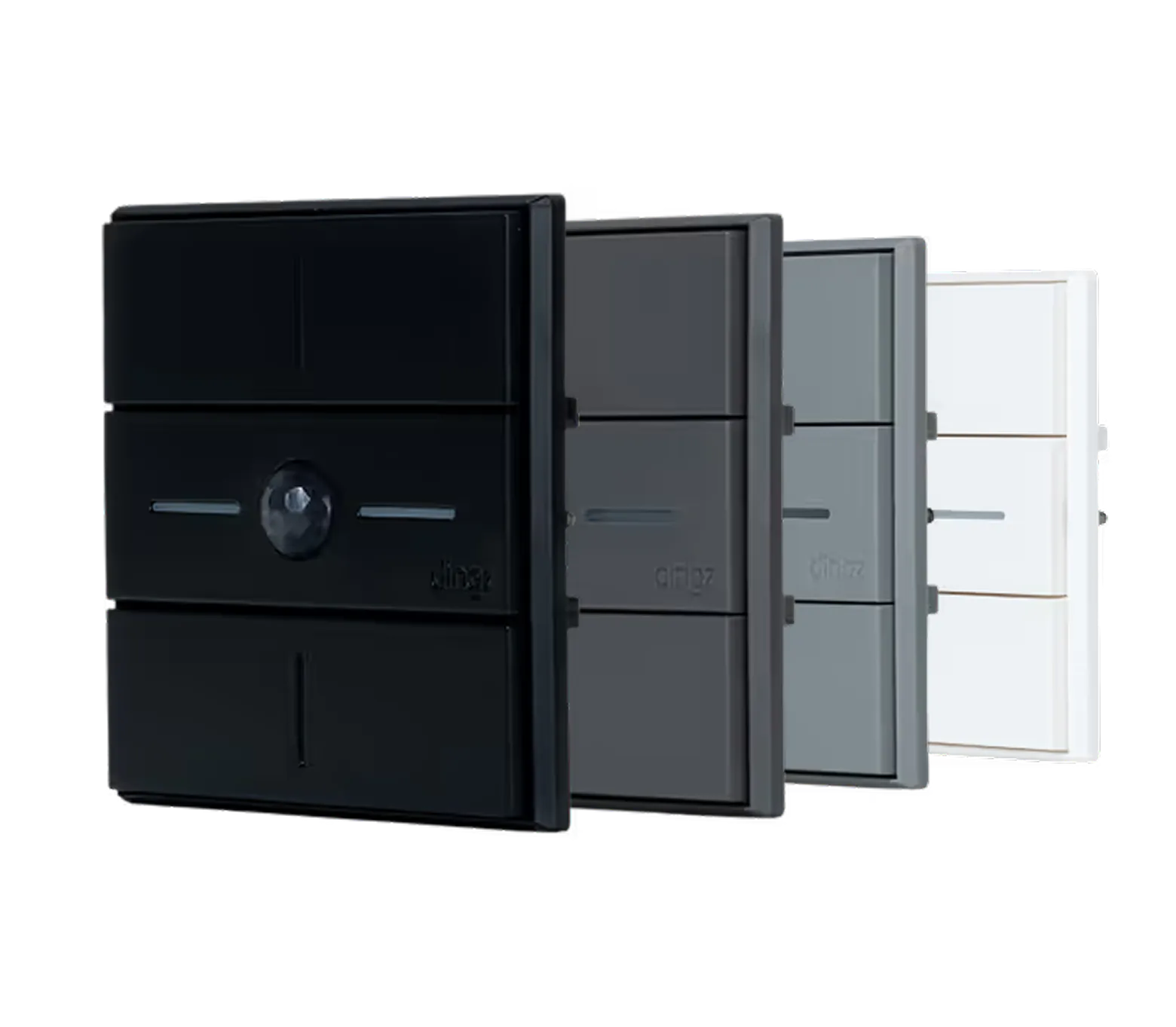Quattro moderni pannelli rettangolari disposti in fila, visualizzati con una luminosità crescente dal nero, grigio scuro, grigio chiaro, al bianco, ciascuno con due pulsanti orizzontali e un sensore circolare centrale.