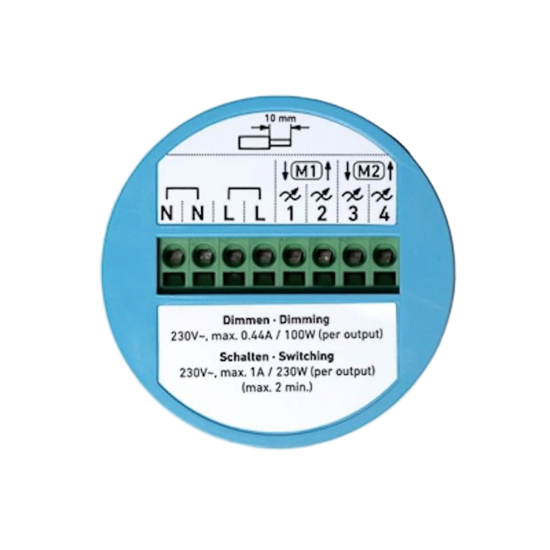 Modulo di regolazione e commutazione elettrico circolare blu con connessioni a morsettiera etichettate per neutro (N), live (L) e uscite M1 e M2, che supporta l'alimentazione a 230 V con max 0,44 A o 100 W per l'attenuazione e max 1 A o 230 W per la commutazione per uscita.