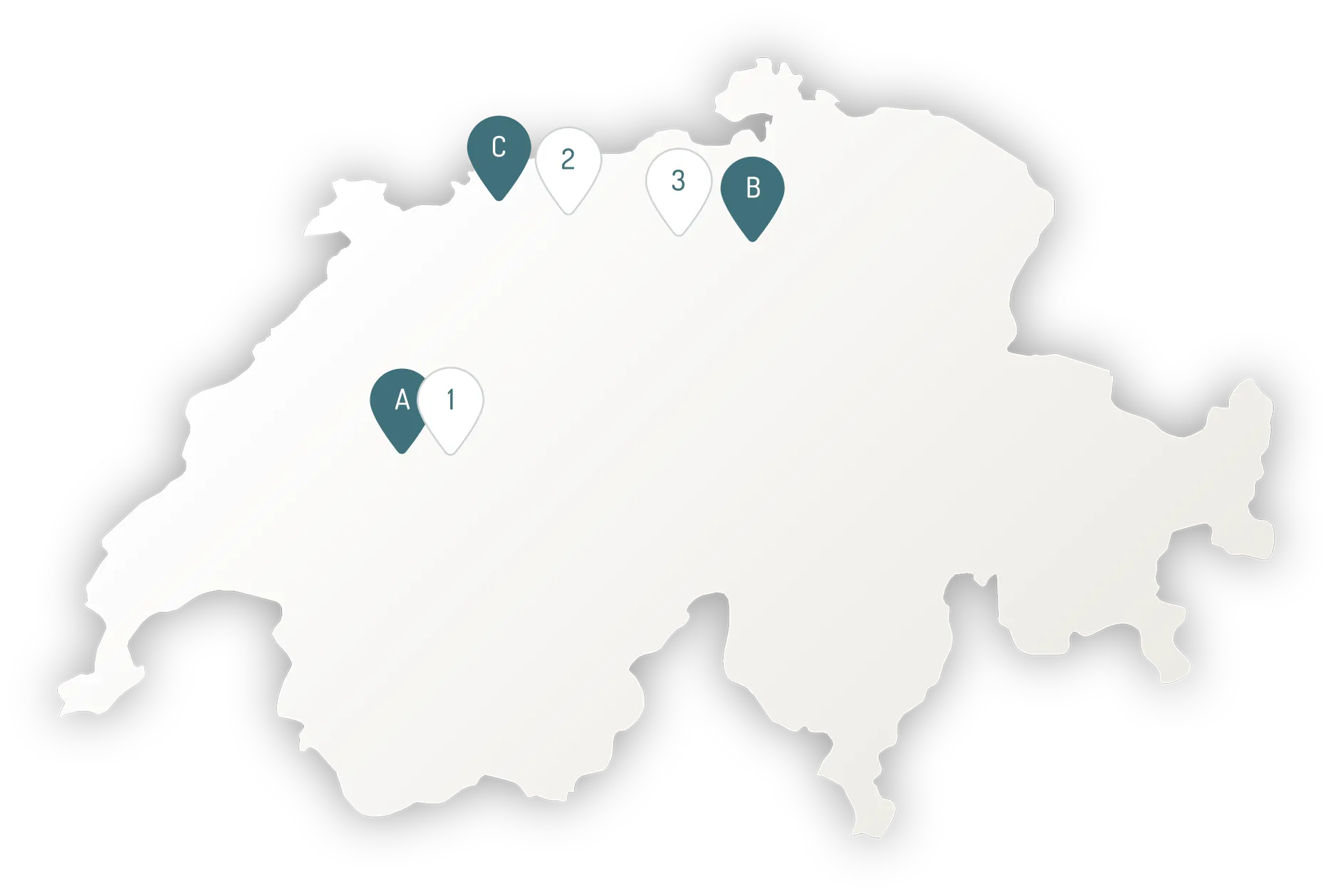 Map outline of Switzerland with six markers labeled A, B, C and 1, 2, 3 placed mainly in the northern and western regions of the country.