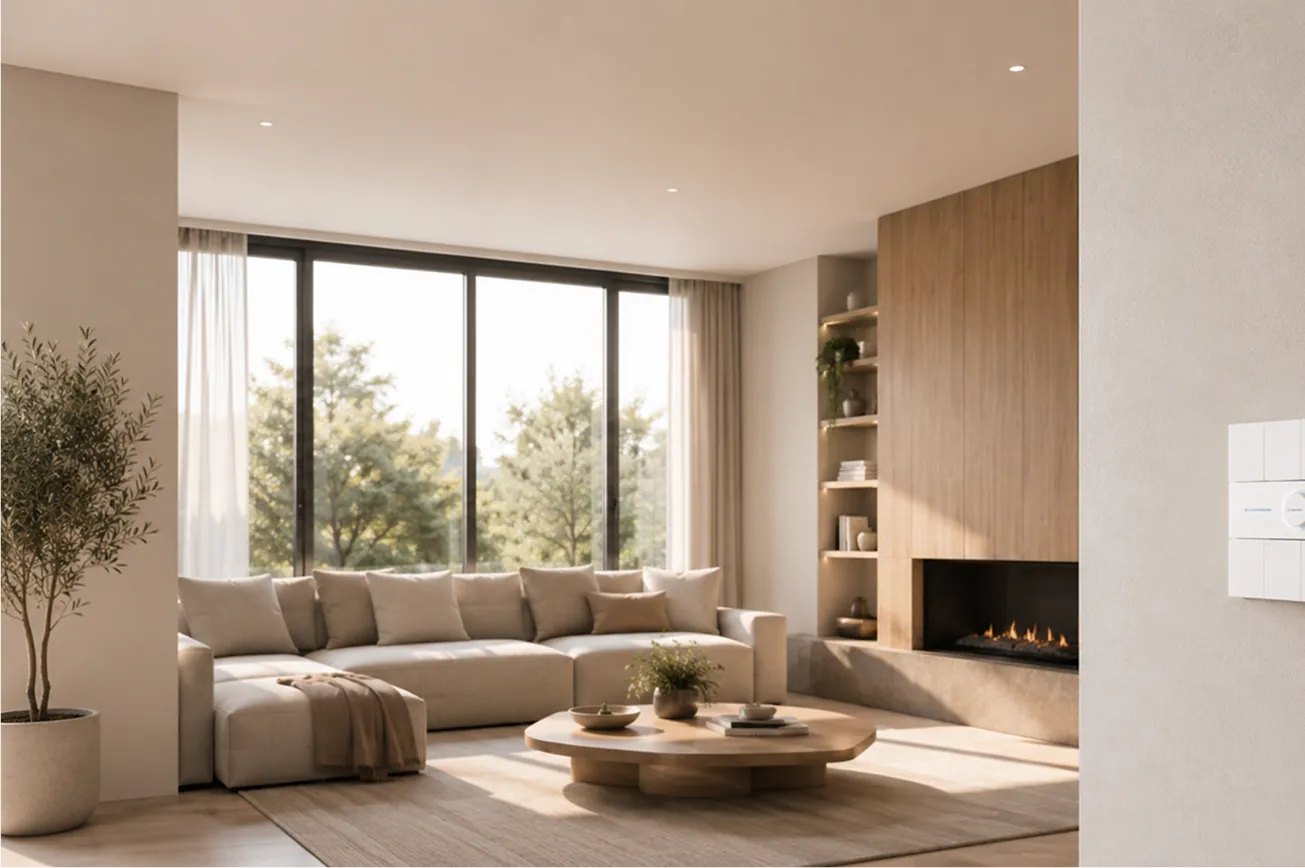 Modern living room with large window showing trees outside, beige sectional sofa with multiple cushions, wooden coffee table with decorative items, a potted plant, built-in shelves with books and decor, and a built-in fireplace with a wooden panel background.