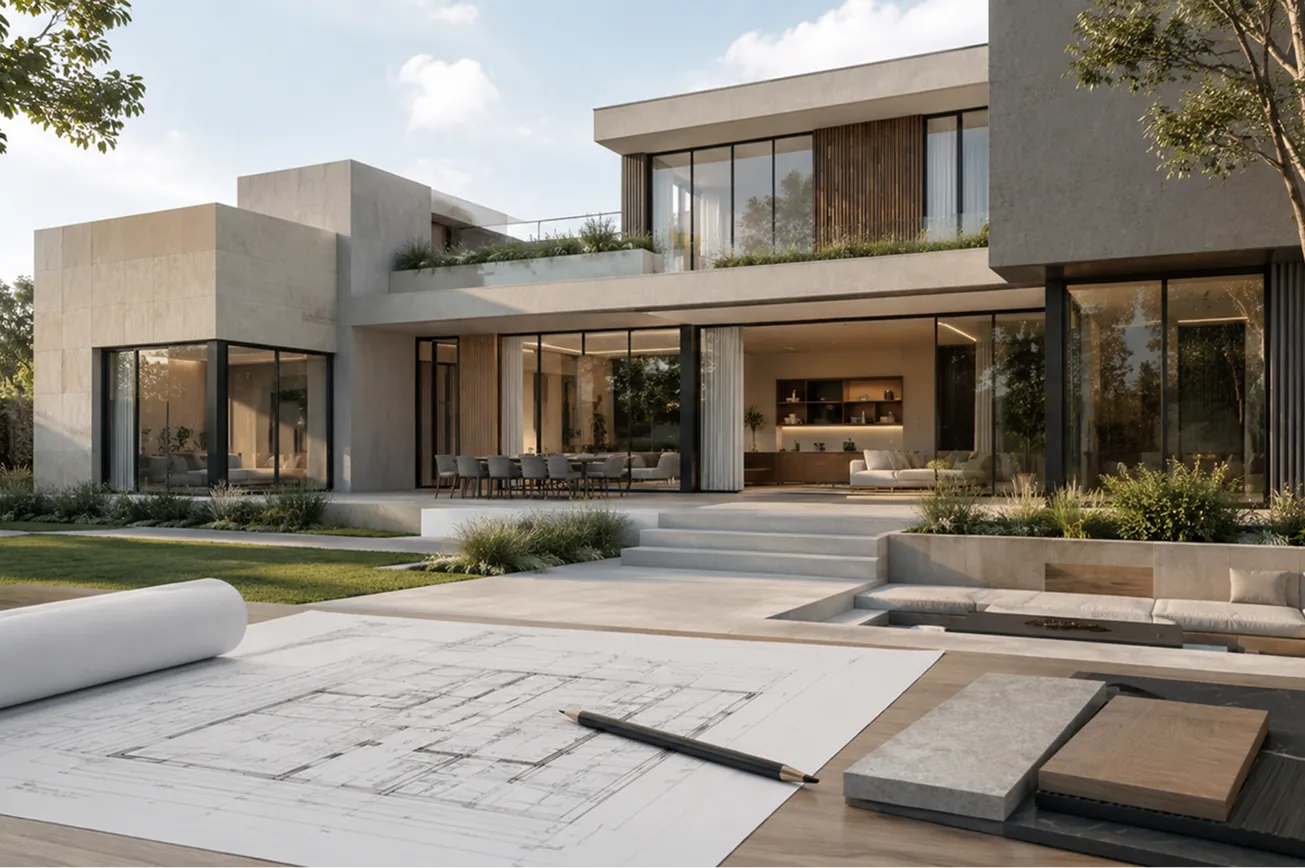 Modern two-story house with large glass windows and beige stone exterior seen from a patio with architectural blueprints, a pencil, and material samples on a table in the foreground.