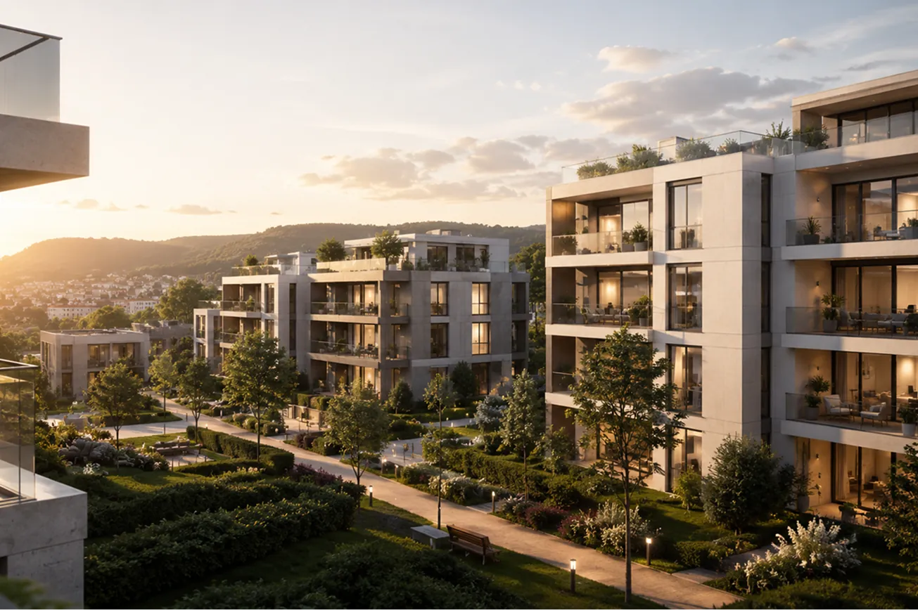Modern apartment buildings with large windows and balconies surrounded by landscaped gardens and trees at sunset in a suburban area with hills in the background.