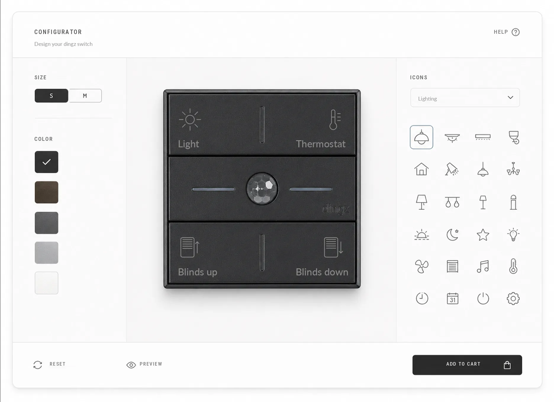 User interface of a smart home switch configurator showing a black switch with buttons labeled Light, Thermostat, Blinds up, and Blinds down, size options S and M, color selection, and a variety of icon choices for customization.