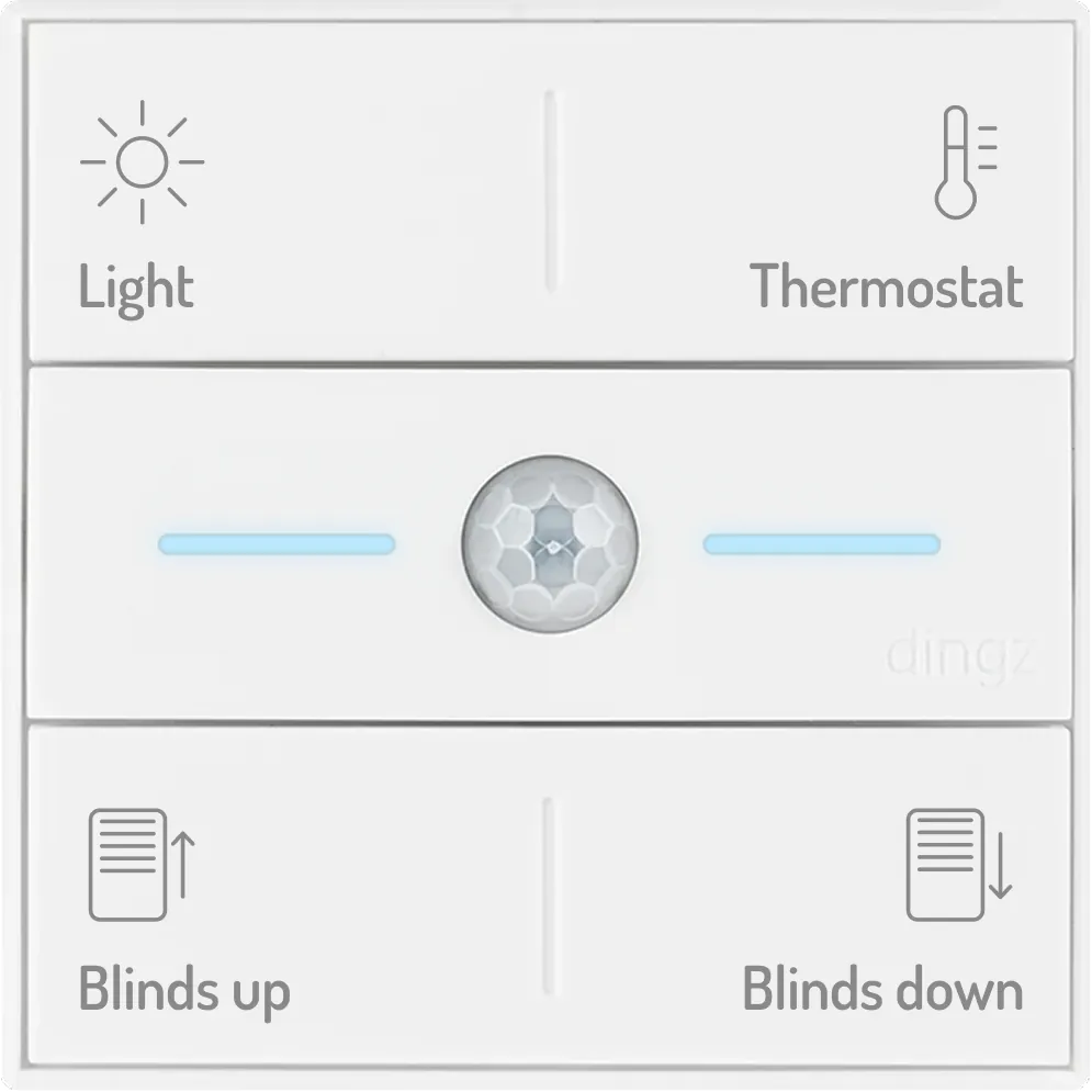 Smart home control panel with buttons for Light, Thermostat, Blinds up, and Blinds down, and a central sensor with two blue indicator bars.
