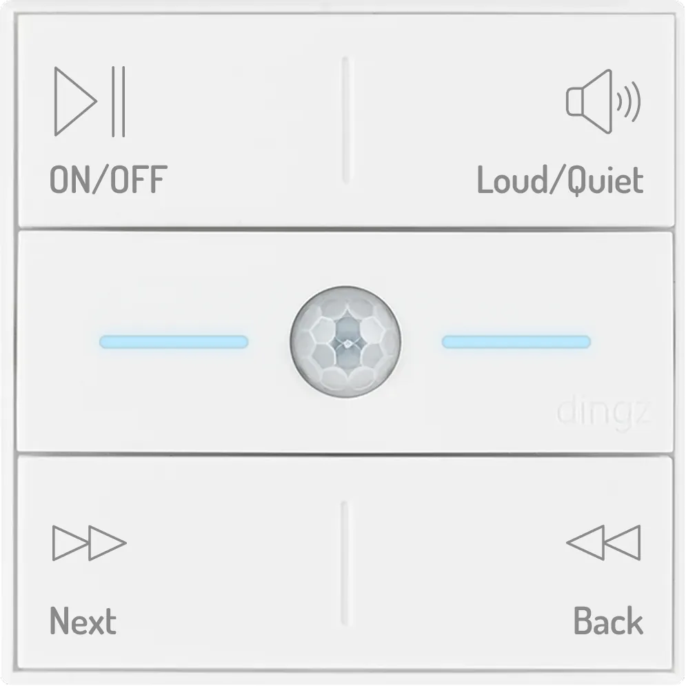 White square remote control with four buttons and a central sensor: top left play/pause button labeled ON/OFF, top right speaker icon button labeled Loud/Quiet, bottom left forward button labeled Next, and bottom right rewind button labeled Back, with two horizontal blue indicator lines flanking the central sensor.