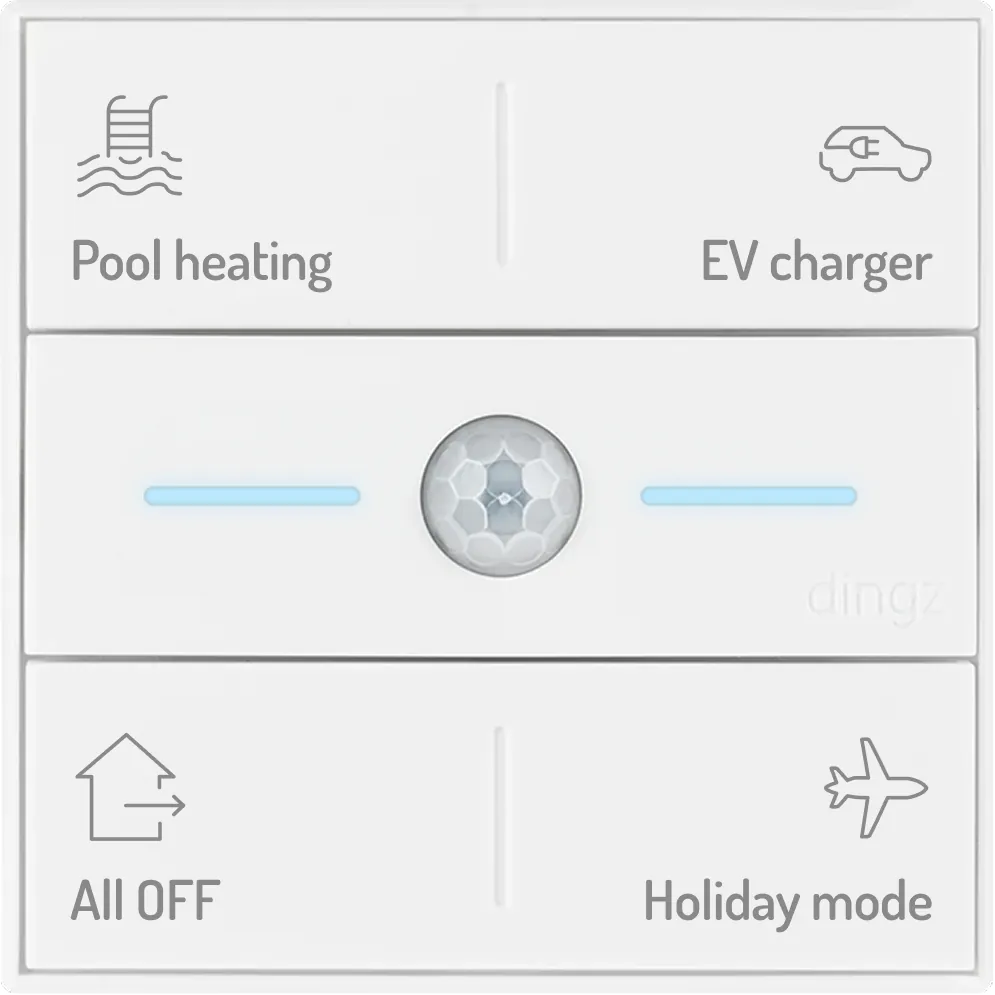White smart control panel with four sections labeled Pool heating, EV charger, All OFF, and Holiday mode, with icons of a pool ladder, electric car, house, and airplane, and a central sensor with two blue indicator lights.