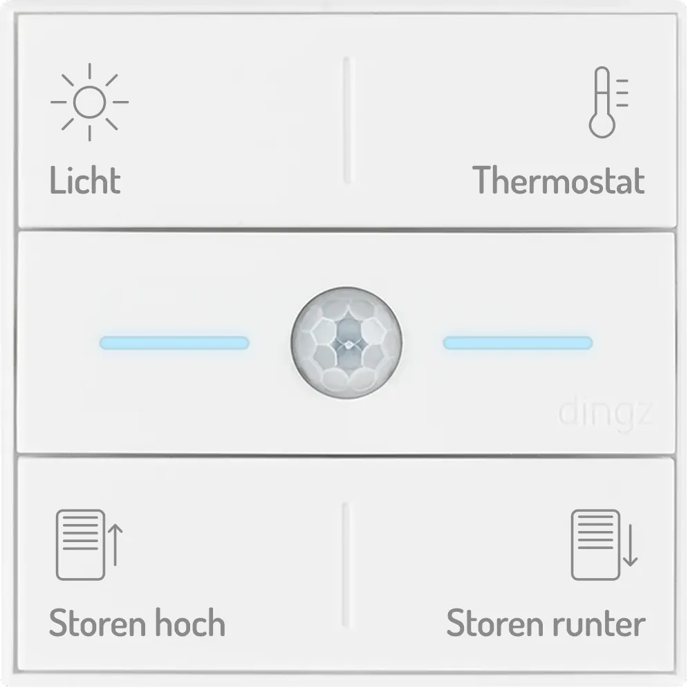 Smart-Home-Bedienfeld mit Tasten für Licht, Thermostat, Storen hoch und Storen runter sowie einem zentralen Sensor mit zwei blauen Kontrollleisten.