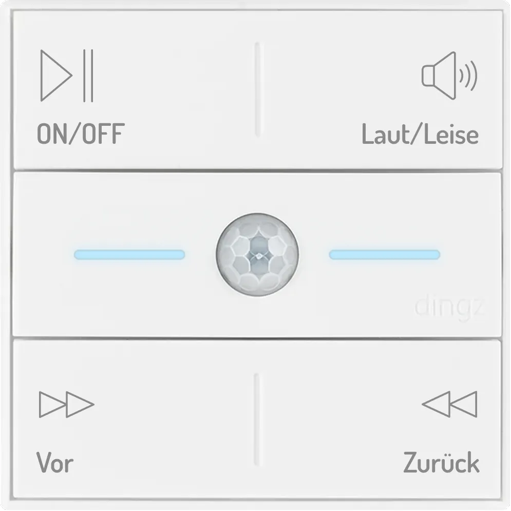 Weisse quadratische Fernbedienung mit vier Tasten und einem zentralen Sensor: oben links eine Play/Pause-Taste mit der Beschriftung EIN/AUS, oben rechts eine Lautsprecher-Taste mit der Beschriftung Laut/Leise, unten links eine Vorwärts-Taste mit der Beschriftung Weiter und unten rechts eine Zurück-Taste mit der Beschriftung Zurück. Zwei horizontale blaue Kontrollleuchten befinden sich seitlich des zentralen Sensors.