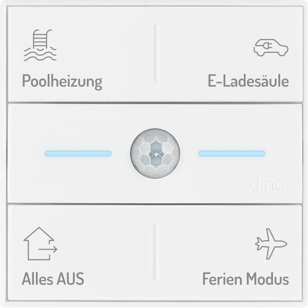 Weisses Smart-Control-Panel mit vier Bereichen mit den Bezeichnungen Poolheizung, EV-Ladestation, Alles AUS und Ferienmodus, mit Symbolen einer Poolleiter, eines Elektroautos, eines Hauses und eines Flugzeugs sowie einem zentralen Sensor mit zwei blauen Kontrollleuchten.