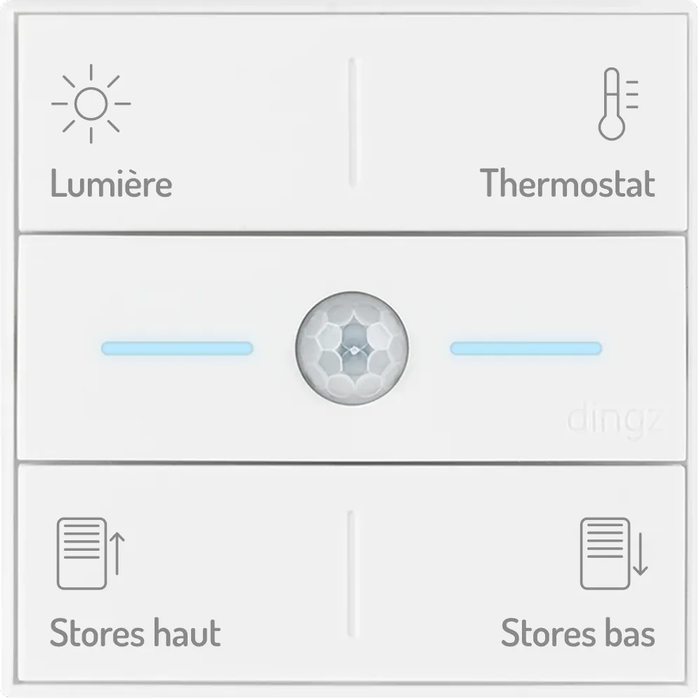 Panneau de commande pour maison intelligente avec des boutons pour l’éclairage, le thermostat, la montée et la descente des stores, ainsi qu’un capteur central avec deux voyants bleus.