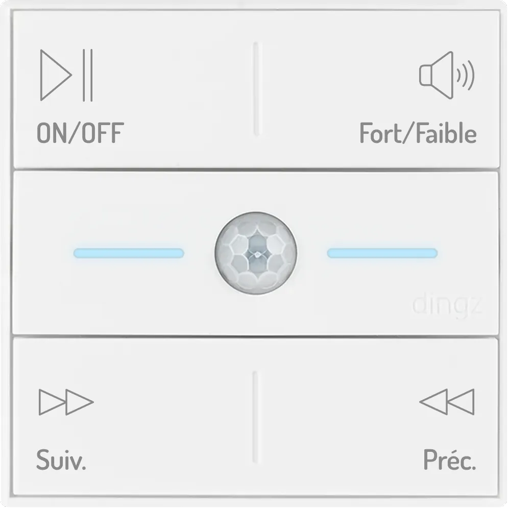 Télécommande carrée blanche avec quatre boutons et un capteur central : en haut à gauche, un bouton lecture/pause marqué MARCHE/ARRÊT ; en haut à droite, un bouton avec une icône de haut-parleur marqué Fort/Silencieux ; en bas à gauche, un bouton suivant marqué Suivant ; et en bas à droite, un bouton retour marqué Retour. Deux voyants bleus horizontaux encadrent le capteur central.