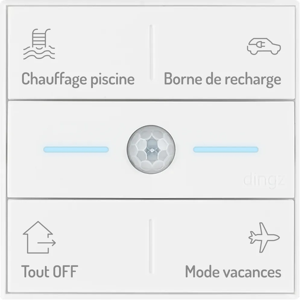 Panneau de commande intelligent blanc avec quatre sections intitulées chauffage de piscine, borne de recharge pour véhicule électrique, tout OFF et mode vacances, avec des icônes représentant une échelle de piscine, une voiture électrique, une maison et un avion, ainsi qu’un capteur central avec deux voyants bleus.