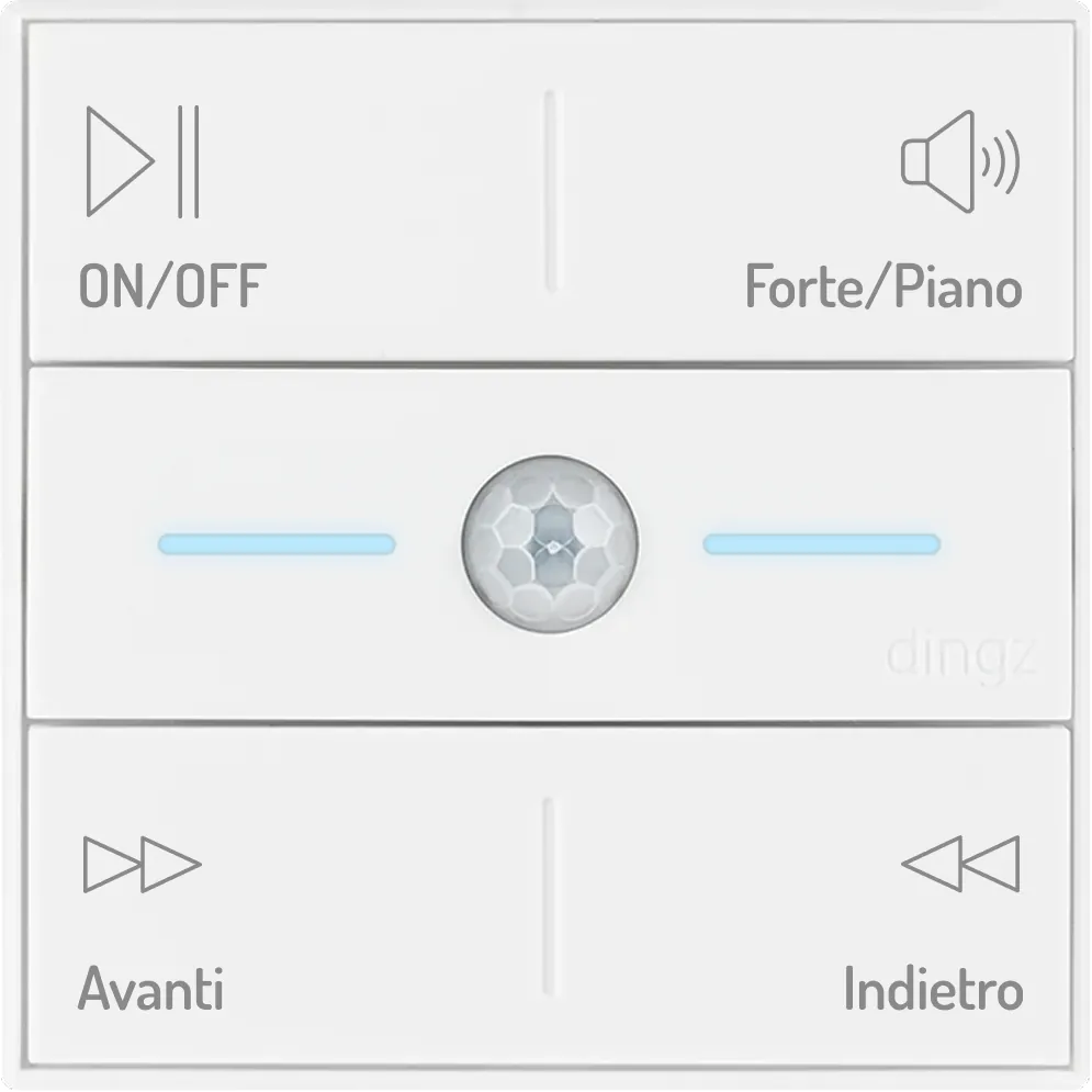 Telecomando quadrato bianco con quattro pulsanti e un sensore centrale: in alto a sinistra un pulsante play/pausa con l’etichetta ON/OFF, in alto a destra un pulsante con icona dell’altoparlante con l’etichetta Forte/Silenzioso, in basso a sinistra un pulsante avanti con l’etichetta Avanti e in basso a destra un pulsante indietro con l’etichetta Indietro. Due indicatori luminosi blu orizzontali si trovano ai lati del sensore centrale.