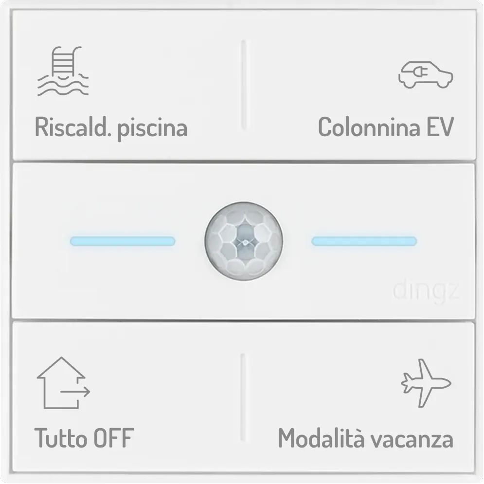 Pannello di controllo smart bianco con quattro sezioni etichettate riscaldamento piscina, stazione di ricarica per veicoli elettrici, tutto OFF e modalità vacanza, con icone di una scaletta da piscina, un’auto elettrica, una casa e un aereo, e un sensore centrale con due indicatori luminosi blu.