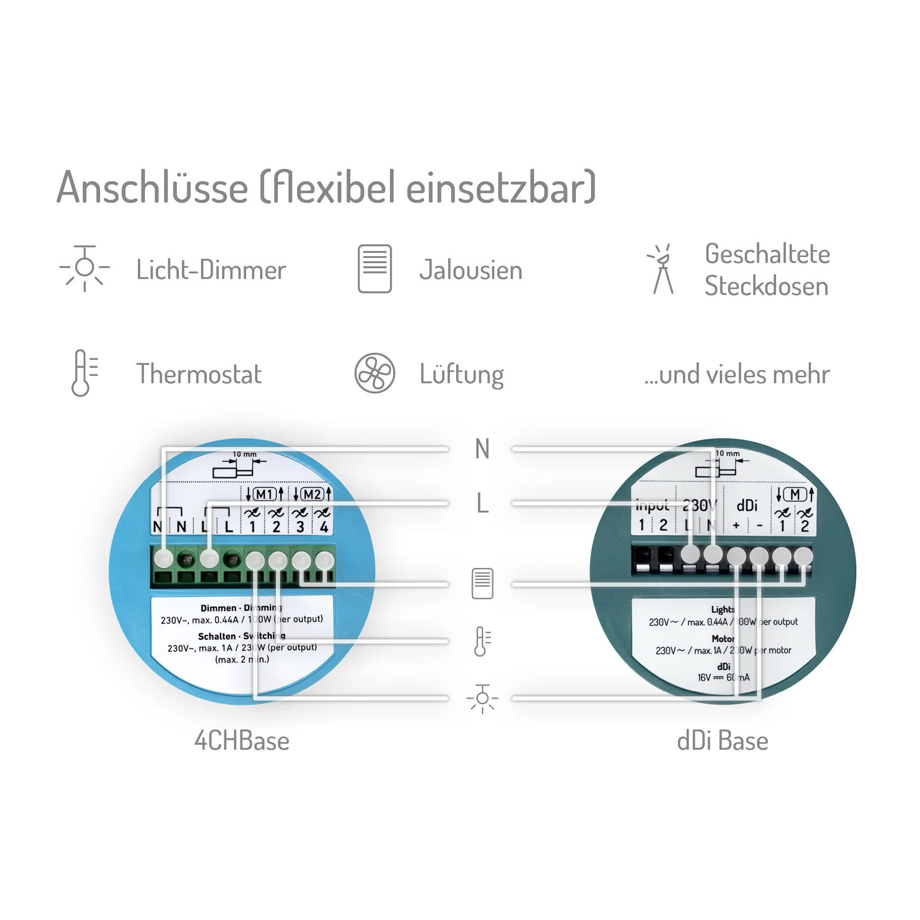 Diagramm mit flexiblen Anschlussmöglichkeiten für Geräte wie Lichtdimmer, Storen, geschaltete Steckdosen, Thermostat, Lüftung und weitere Anwendungen. Es zeigt zwei runde Anschlussdiagramme mit den Bezeichnungen „4CHBase“ und „dDi Base“ sowie Anschlüsse mit N, L und nummerierten Klemmen für die Verdrahtung.