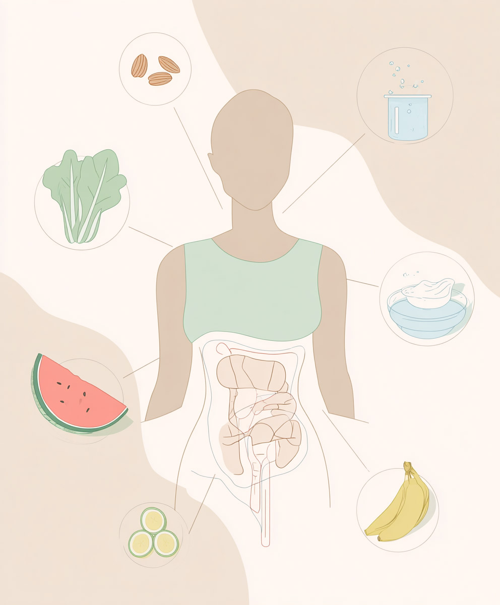 Ilustración médica minimalista que muestra la relación entre la alimentación y la salud del suelo pélvico femenino. Incluye alimentos como espinacas, almendras, plátano, sandía, pepino, yogur y agua, con enfoque anatómico del abdomen bajo.