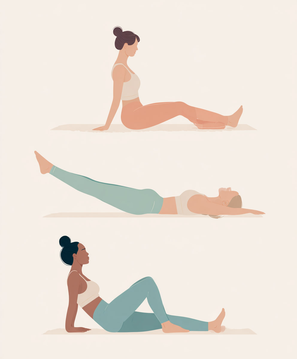 Ilustración minimalista mostrando a tres mujeres realizando ejercicios de fortalecimiento del suelo pélvico con posturas anatómicamente correctas: activación de Kegel, puente de glúteos y control abdominal. Estilo profesional y educativo.