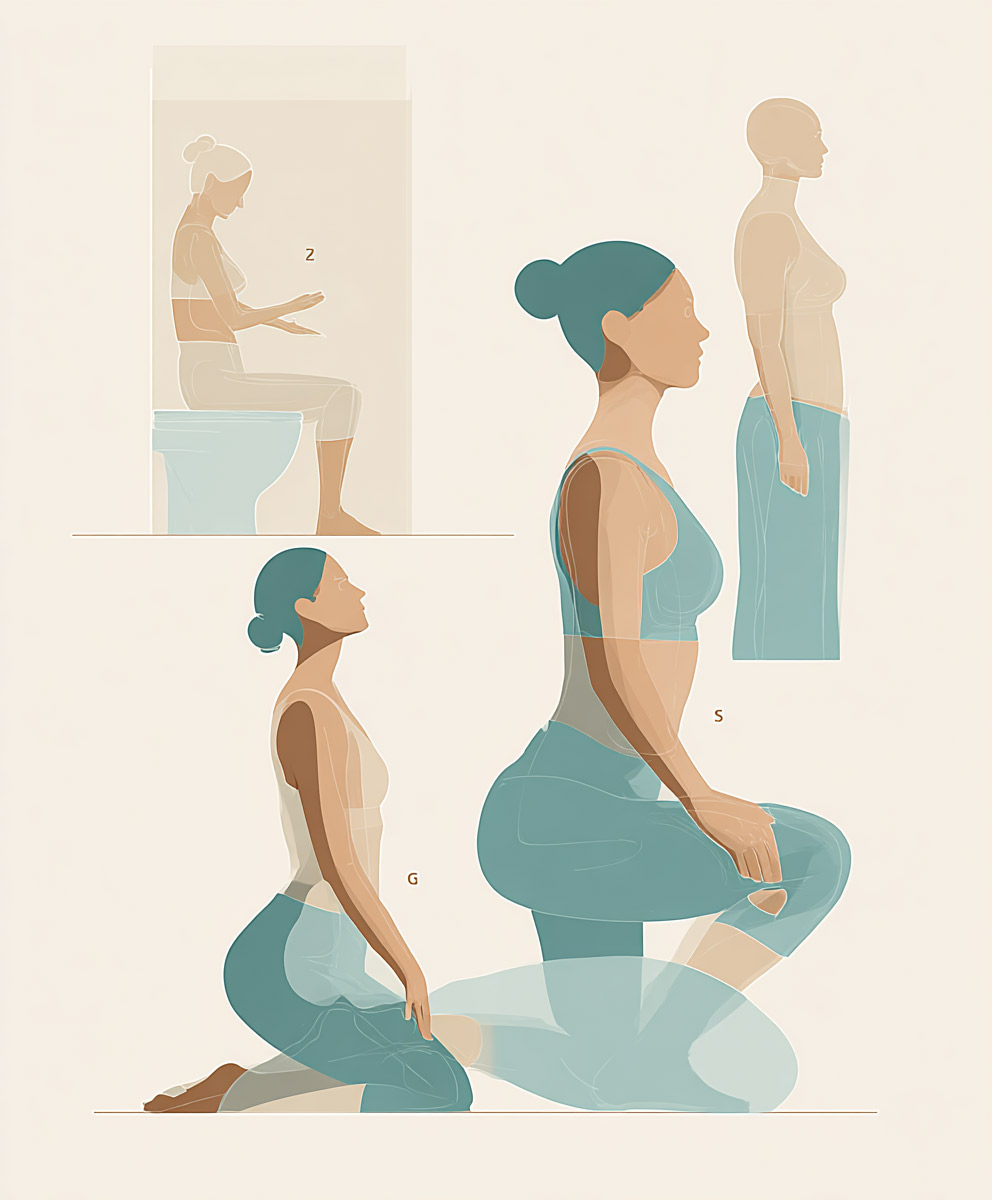 Ilustración médica minimalista de una mujer realizando pruebas de evaluación y posturas para fortalecer el suelo pélvico, incluyendo test de corte de orina, postura de pie, sentadilla profunda y posición de reposo. Estilo anatómico y educativo.