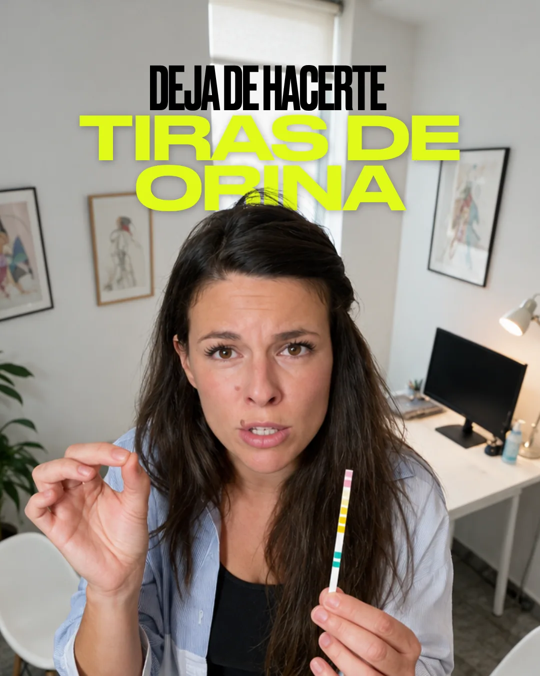 Dra. Laia Sabiote sostiene una tira reactiva de orina con gesto serio, bajo el titular «Deja de hacerte tiras de orina»