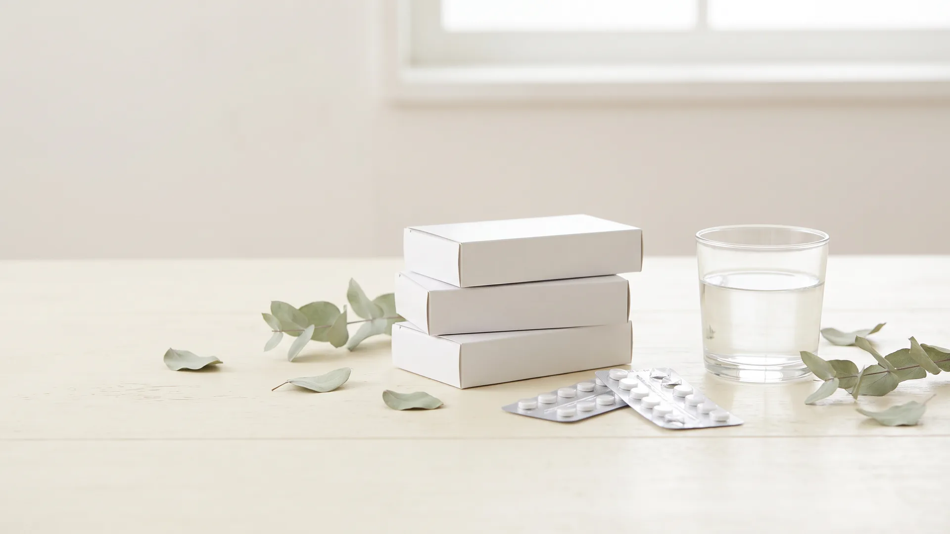 Imagen ilustrativa: cajas de medicamento sin marca, blísteres de pastillas y un vaso de agua sobre una mesa clara