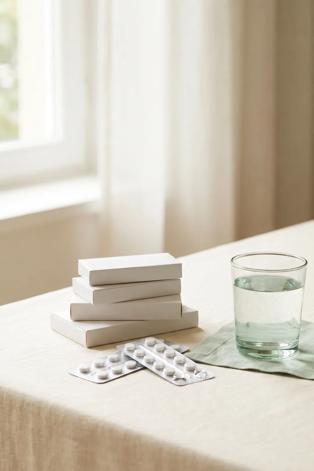 Imagen ilustrativa: cajas de medicamento sin marca, blísteres de pastillas y un vaso de agua sobre una mesa clara