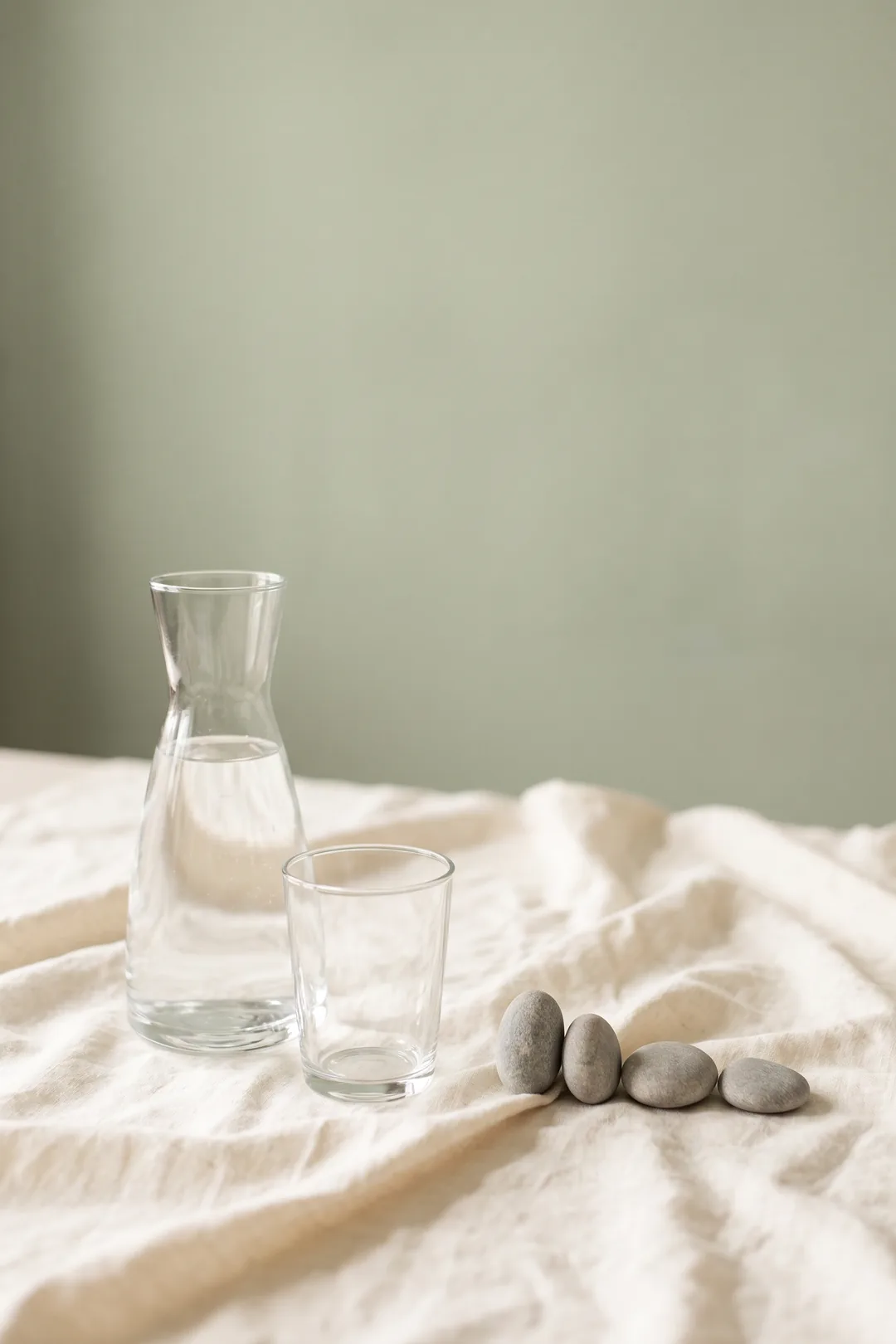 Imagen ilustrativa: jarra de agua y un vaso vacío junto a una hilera de piedrecitas grises sobre lino crema
