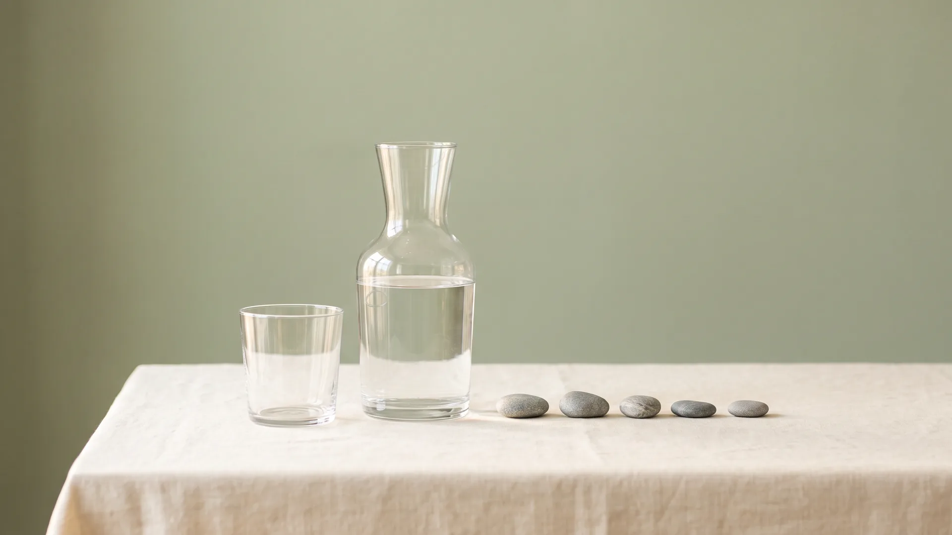 Imagen ilustrativa: jarra de agua y un vaso vacío junto a una hilera de piedrecitas grises sobre lino crema