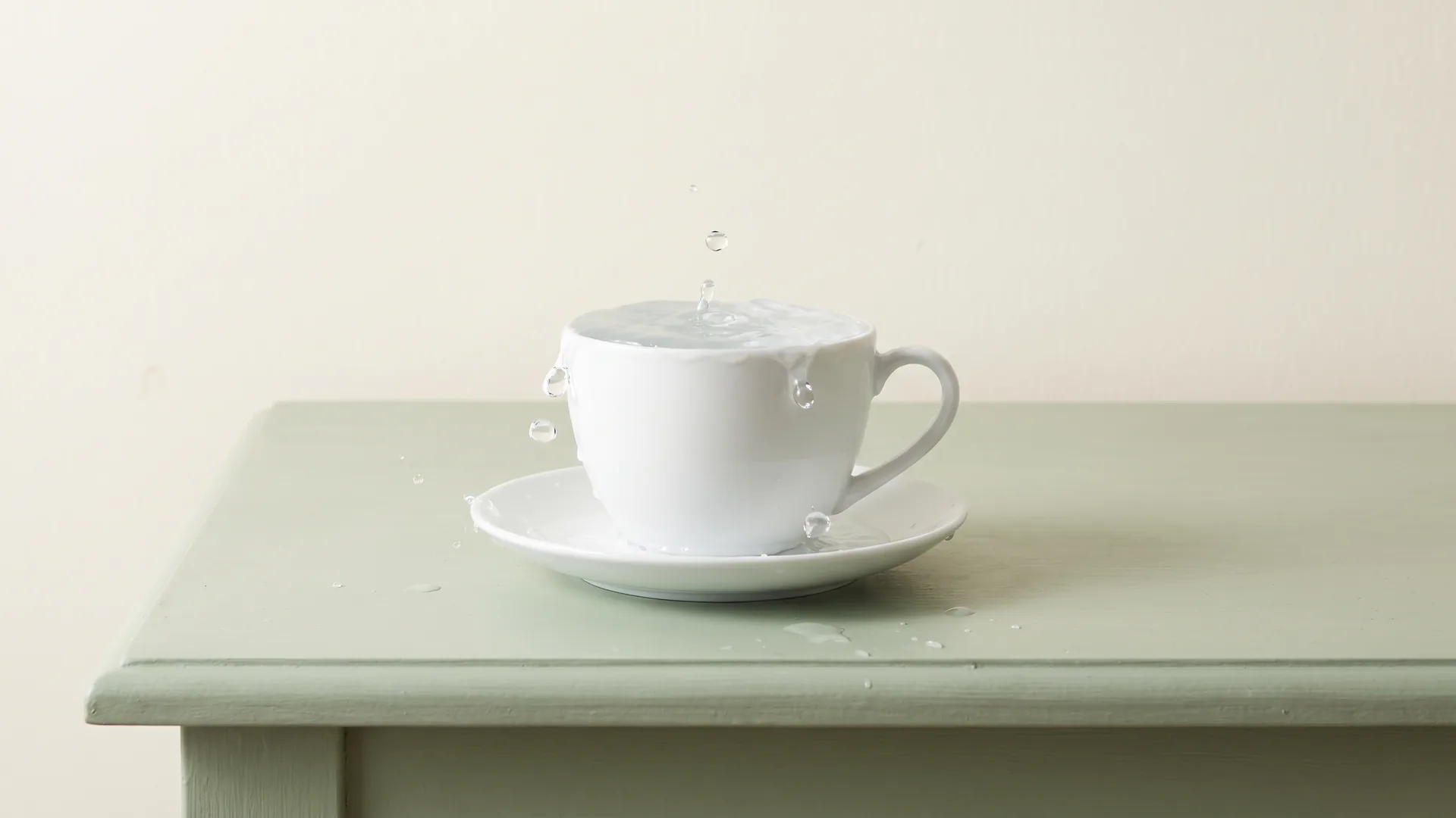 Imagen ilustrativa: taza de porcelana blanca que rebosa de agua sobre un plato, con gotas suspendidas en el aire