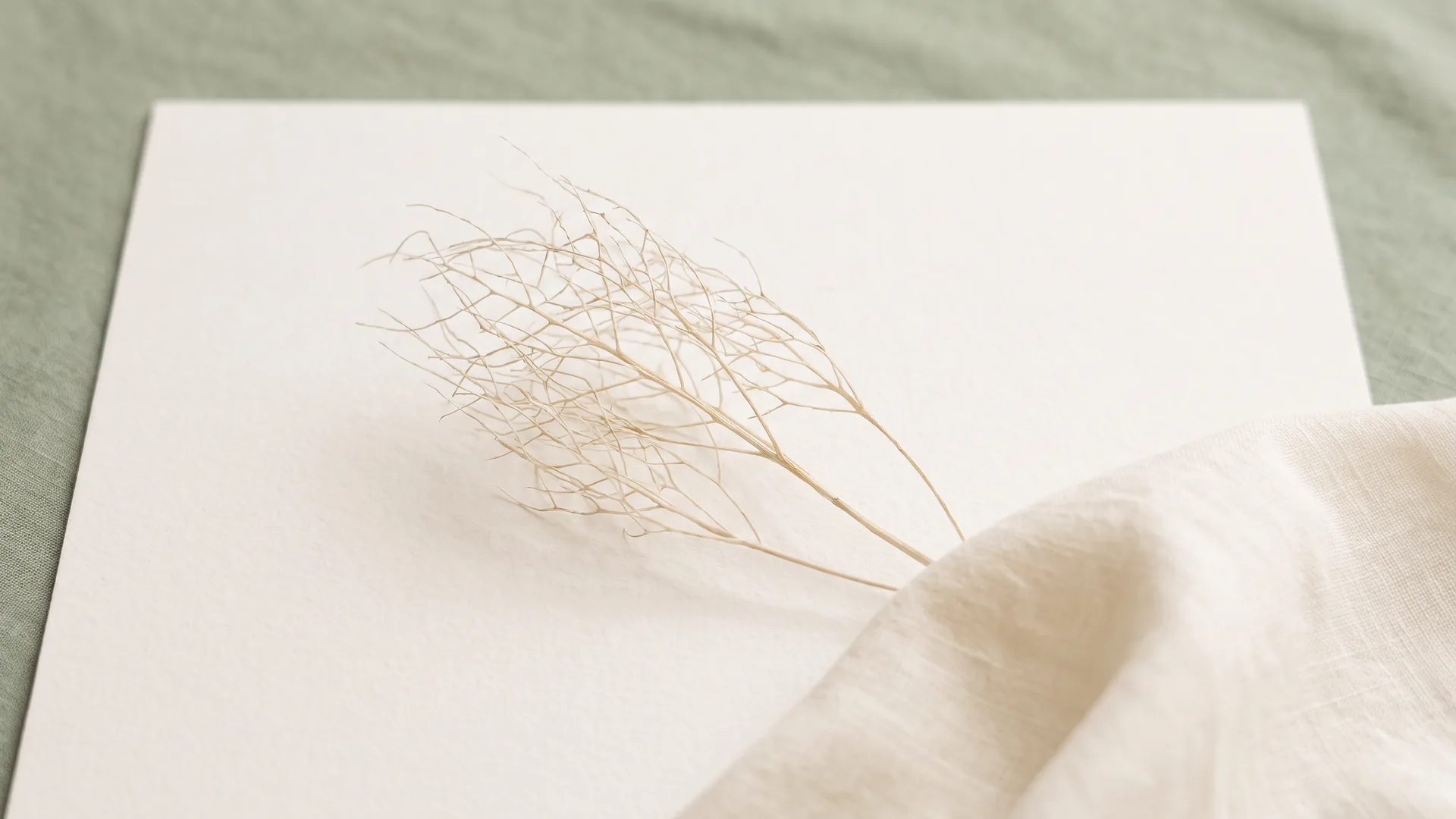 Imagen ilustrativa: rama seca con ramificaciones finas sobre papel blanco, medio tapada por un paño de lino crema
