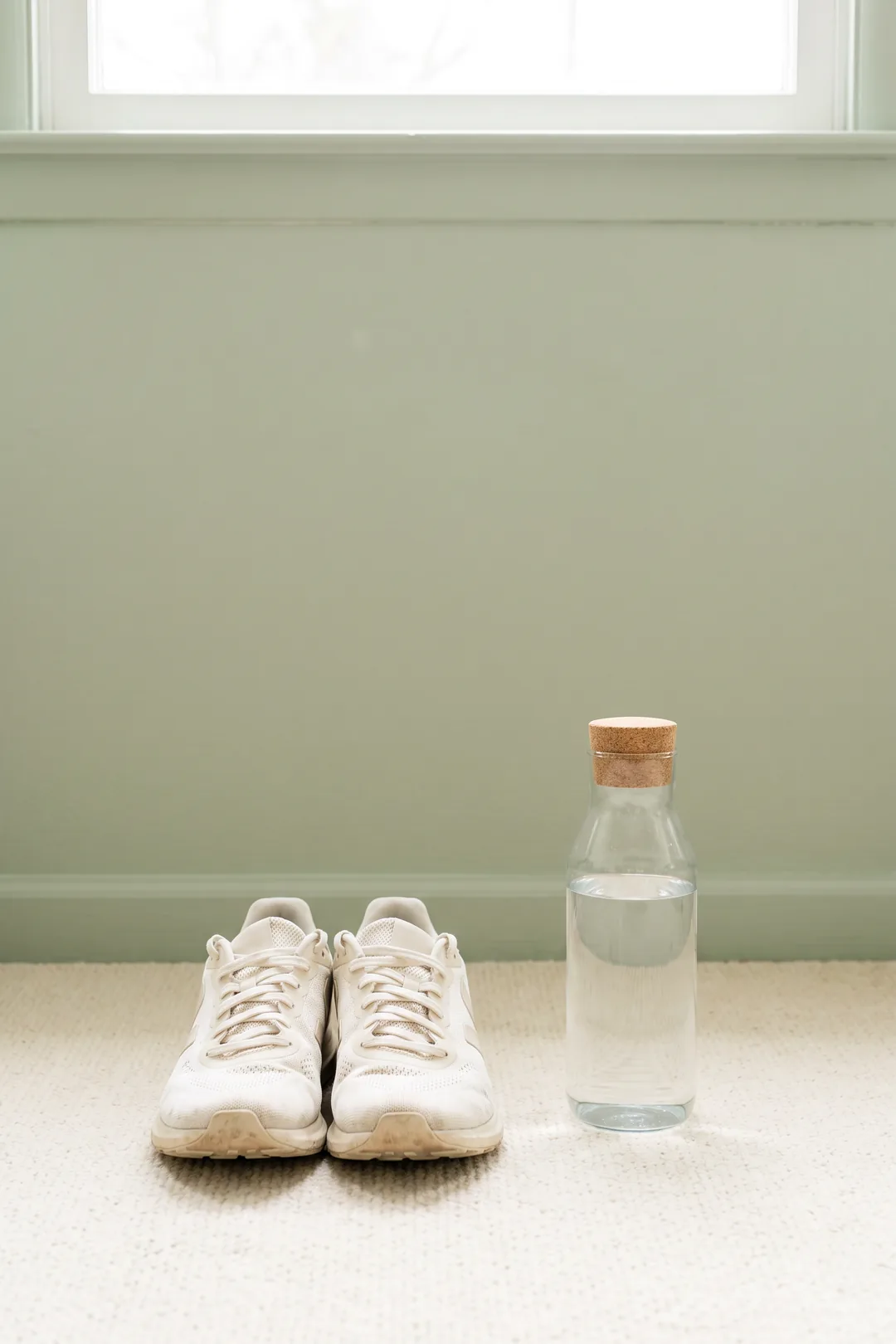 Imagen ilustrativa: zapatillas de correr junto a una botella de agua cerrada sobre un suelo crema y una pared verde salvia