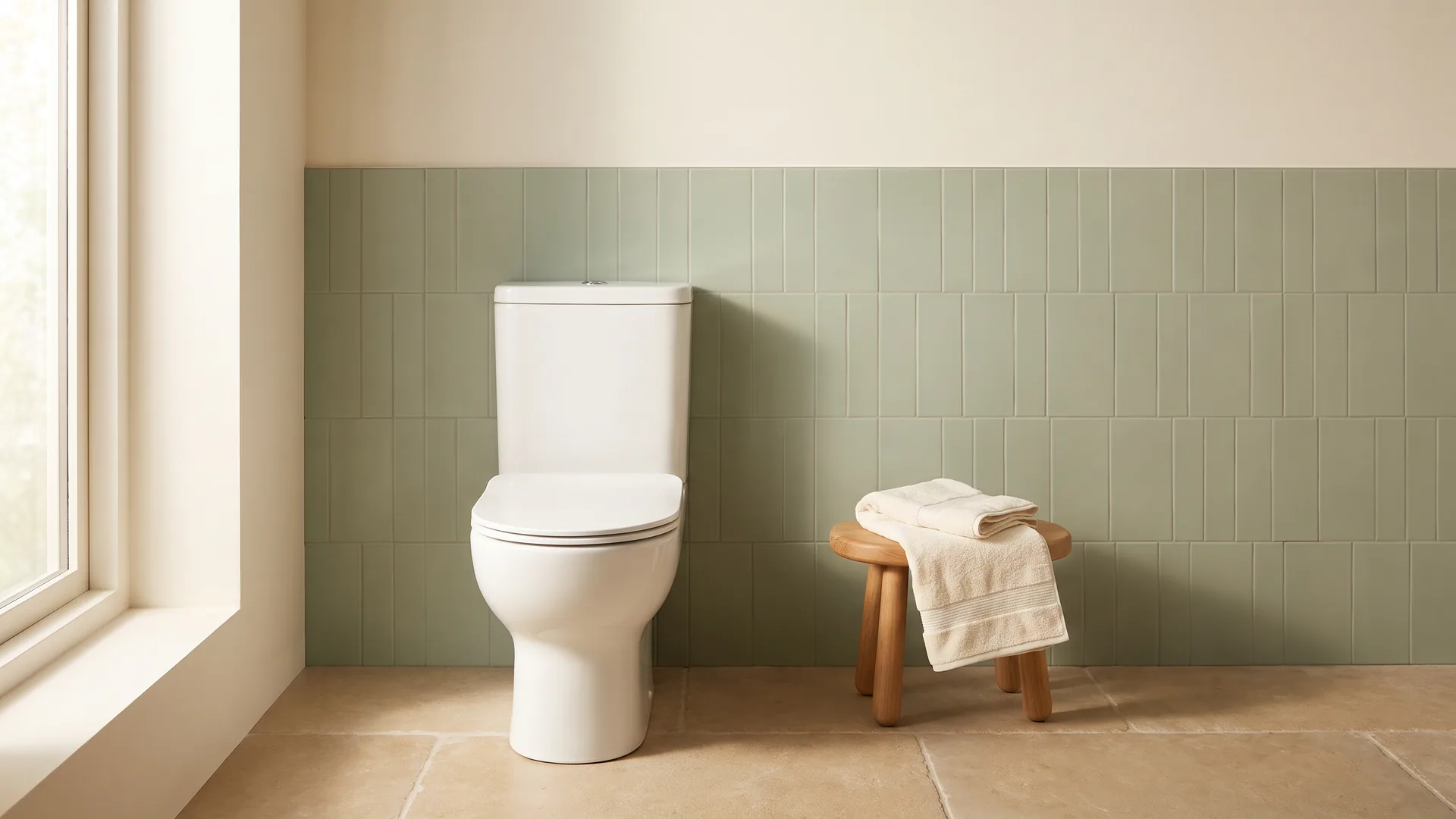 Imagen ilustrativa: inodoro blanco con la tapa cerrada en un baño luminoso de azulejos verde salvia y toalla crema