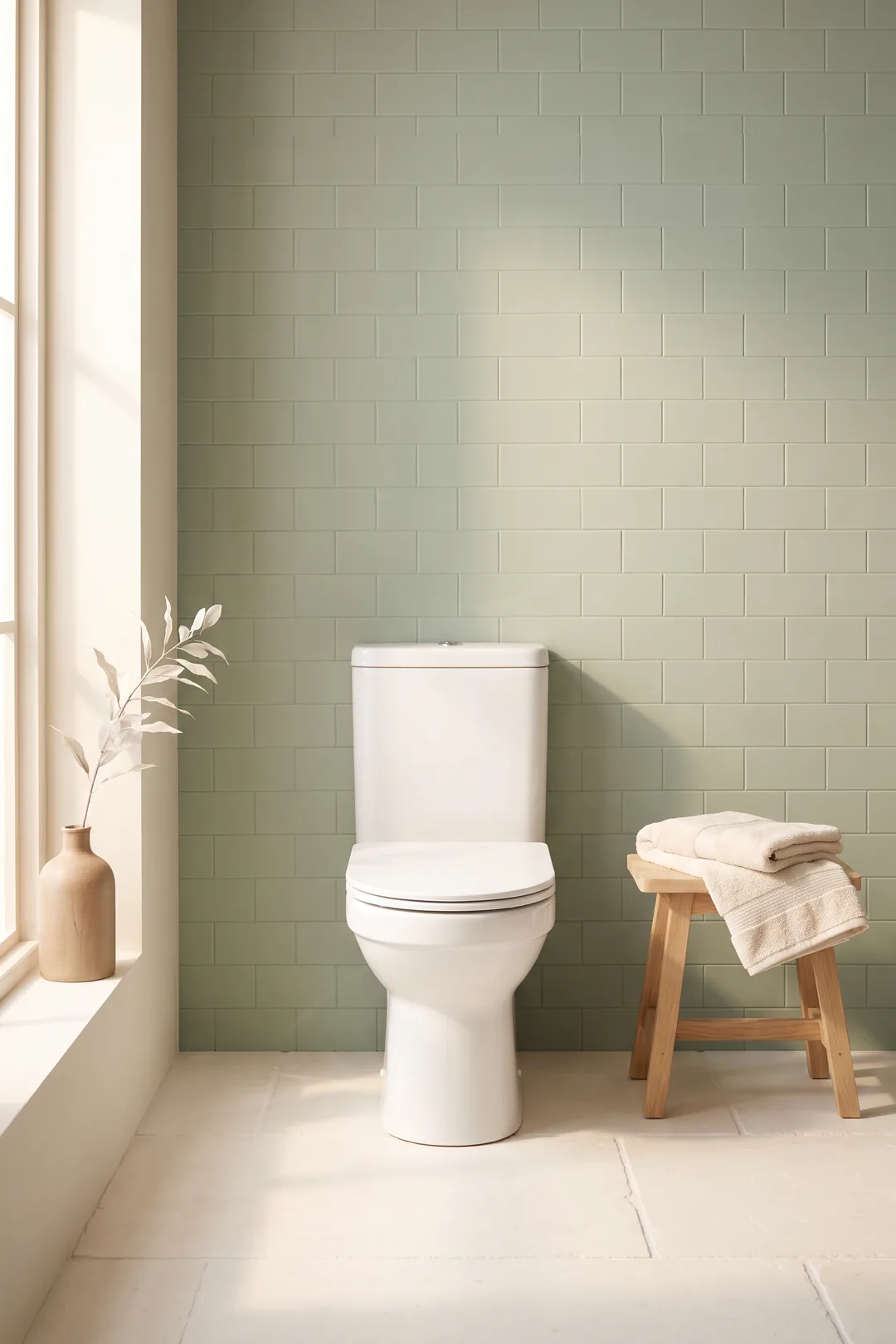 Imagen ilustrativa: inodoro blanco con la tapa cerrada en un baño luminoso de azulejos verde salvia y toalla crema