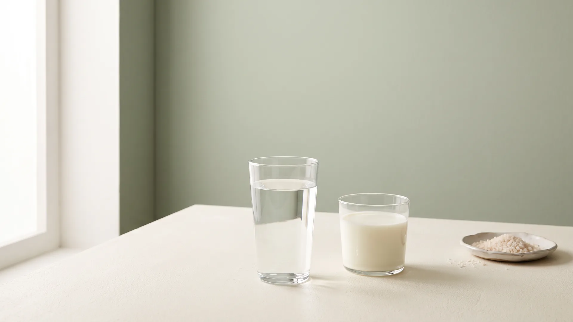 Imagen ilustrativa: vaso de agua y vaso de leche en primer plano y un cuenco de sal apartado sobre una mesa blanca
