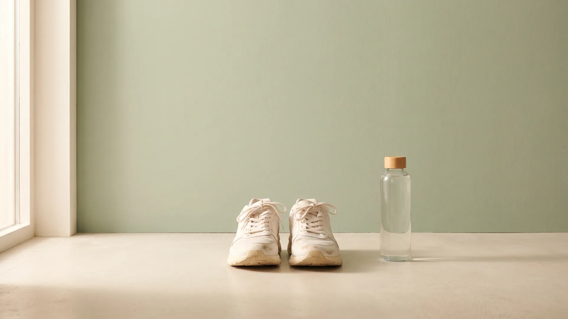 Imagen ilustrativa: zapatillas de correr junto a una botella de agua cerrada sobre un suelo crema y una pared verde salvia