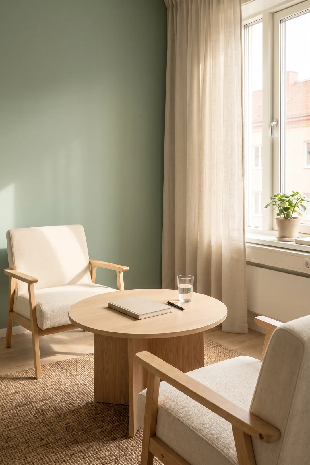 Imagen ilustrativa: dos sillones vacíos frente a frente en una consulta luminosa, con libreta y vaso de agua
