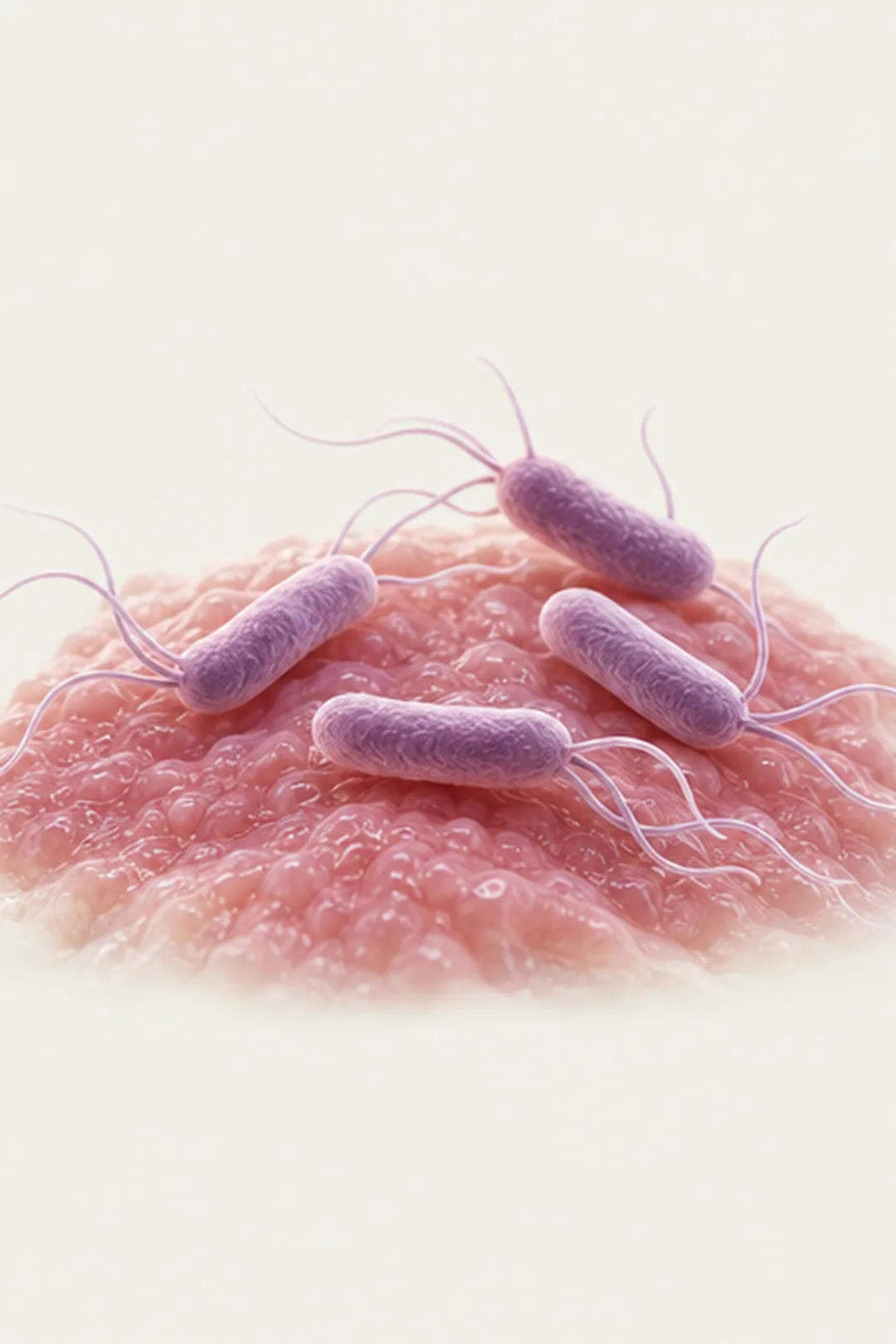 Imagen ilustrativa: macro de bacterias alargadas con filamentos finos sobre una superficie de tejido rosado