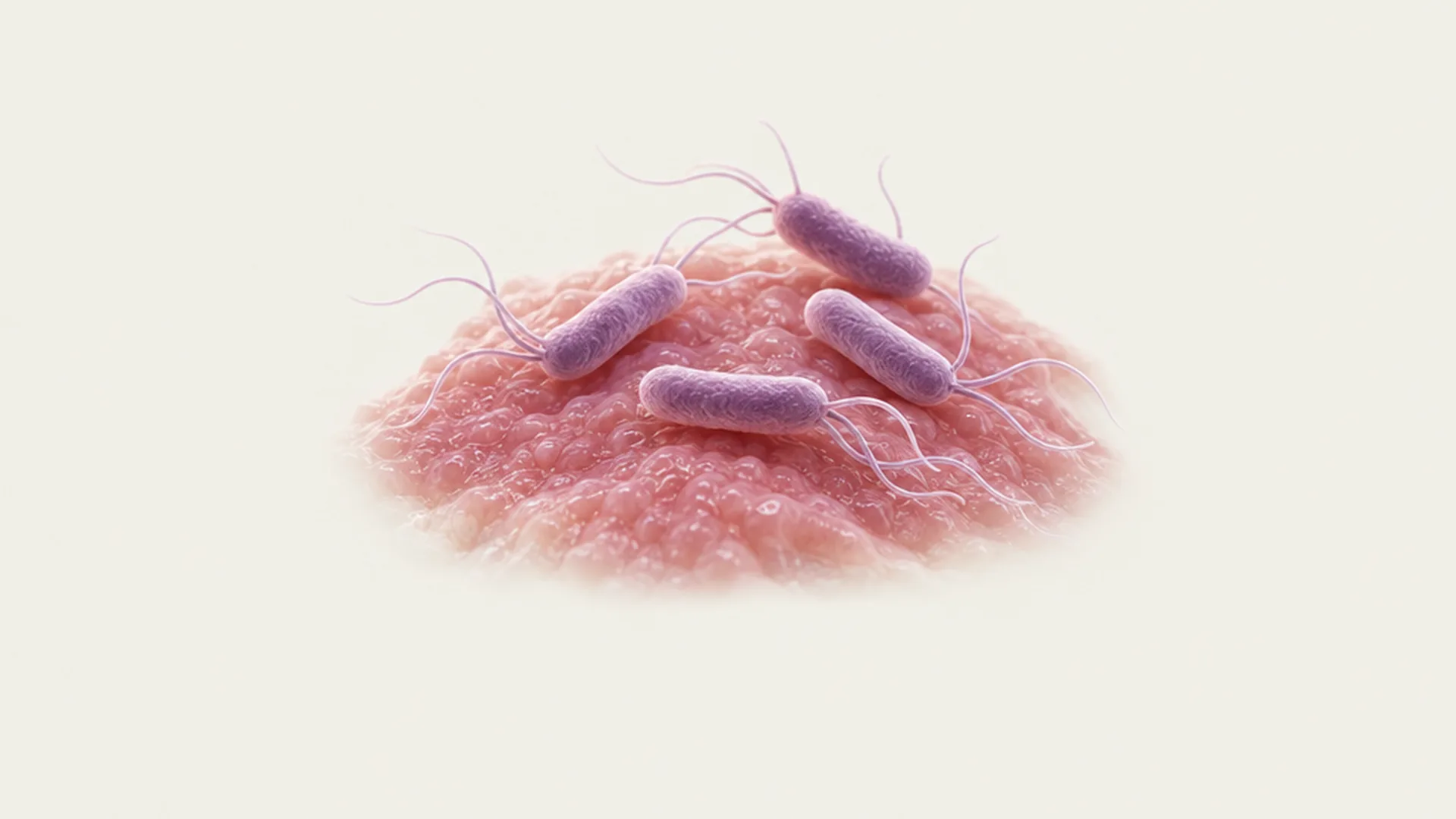 Imagen ilustrativa: macro de bacterias alargadas con filamentos finos sobre una superficie de tejido rosado