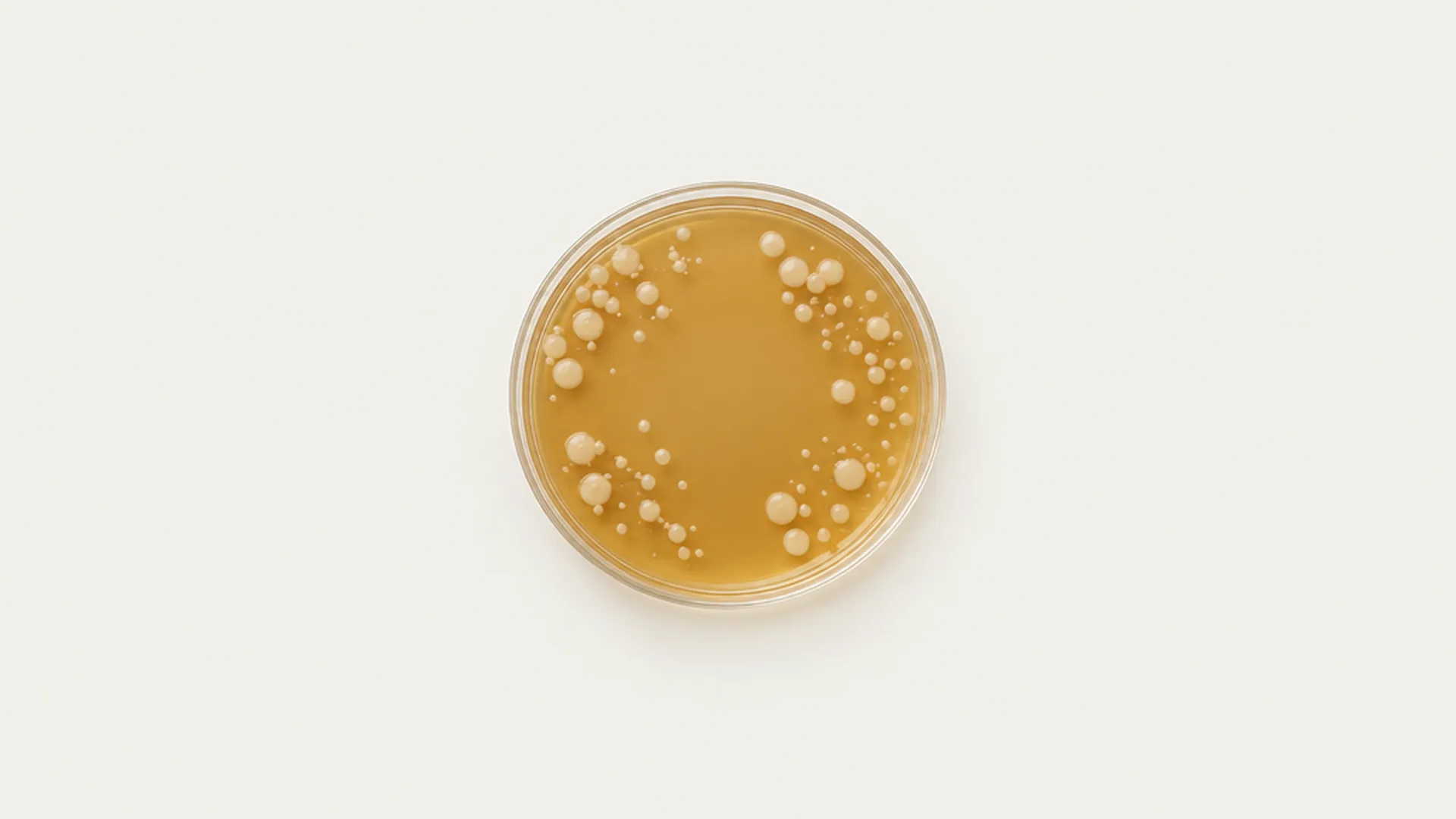 Imagen ilustrativa: placa de cultivo con colonias de bacterias de color crema sobre un fondo ámbar, vista de cerca