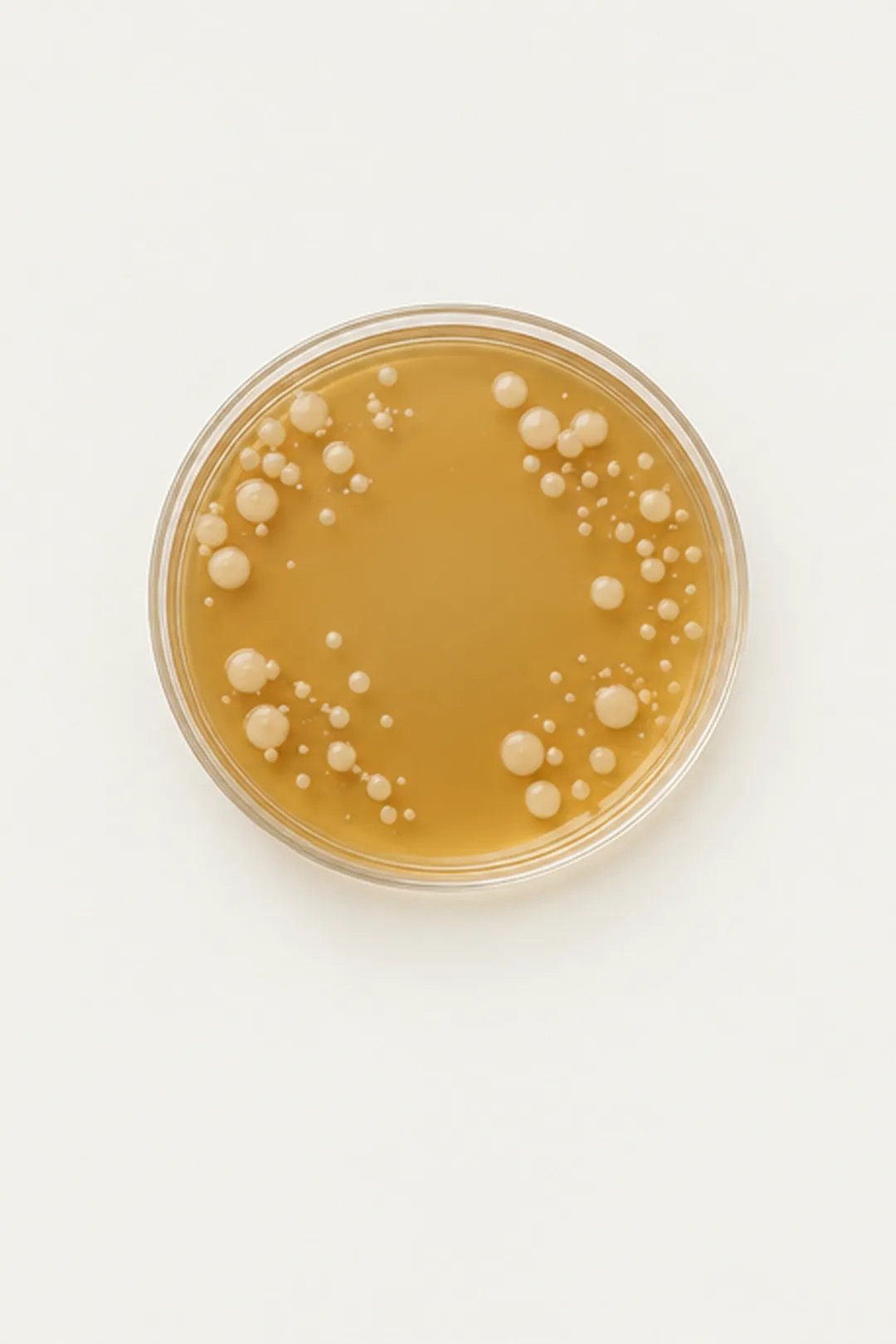 Imagen ilustrativa: placa de cultivo con colonias de bacterias de color crema sobre un fondo ámbar, vista de cerca