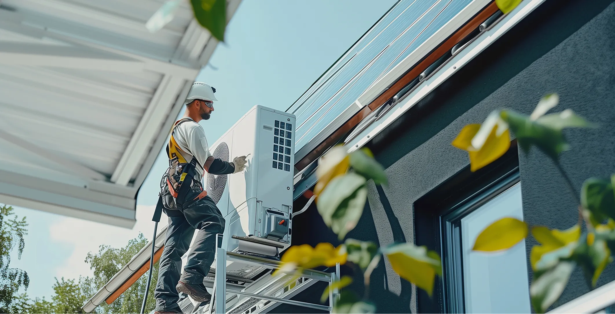 Technicien posant une pompe à chaleur en hauteur sous toiture solaire