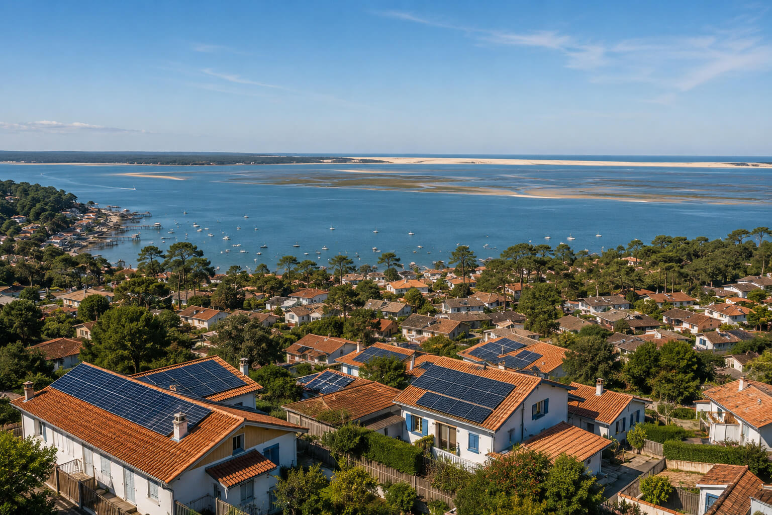 Vue aérienne du Bassin d’Arcachon avec maisons individuelles équipées de panneaux solaires, toitures en tuiles, pins et bord de mer en arrière-plan.