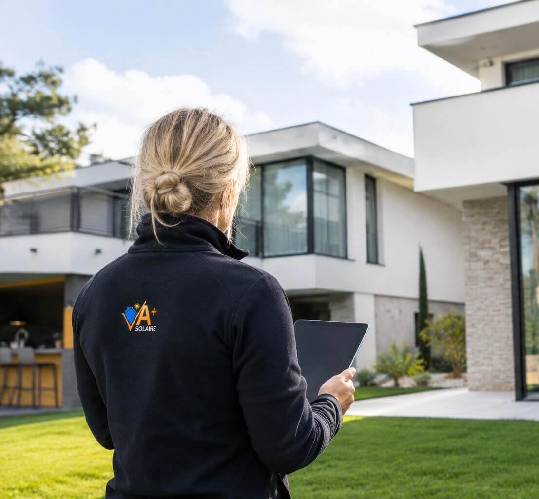 technicienne Femme tenant une tablette regardant une maison moderne avec jardin vert sous ciel clair.