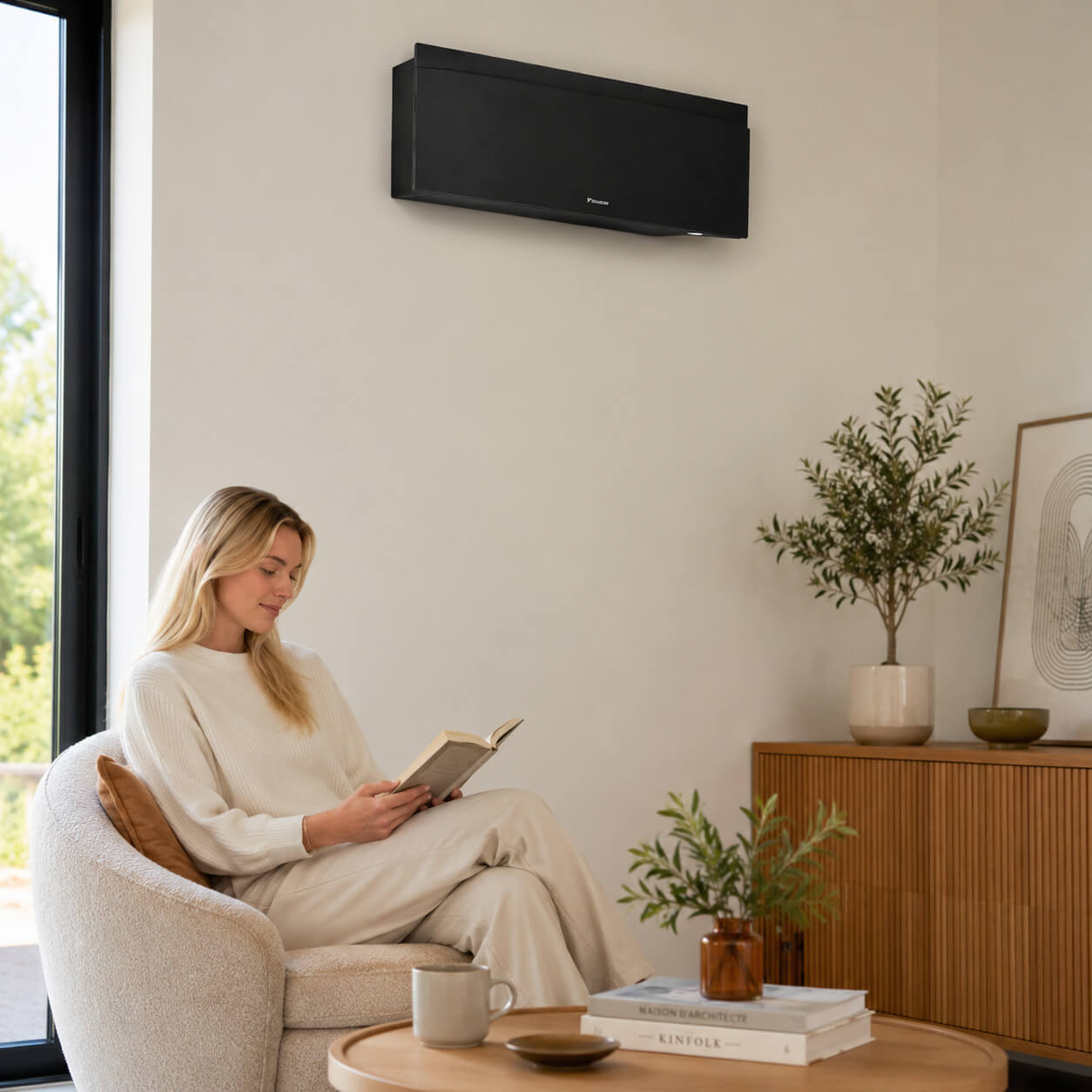 Climatisation réversible Daikin installée dans un salon moderne pour améliorer le confort thermique